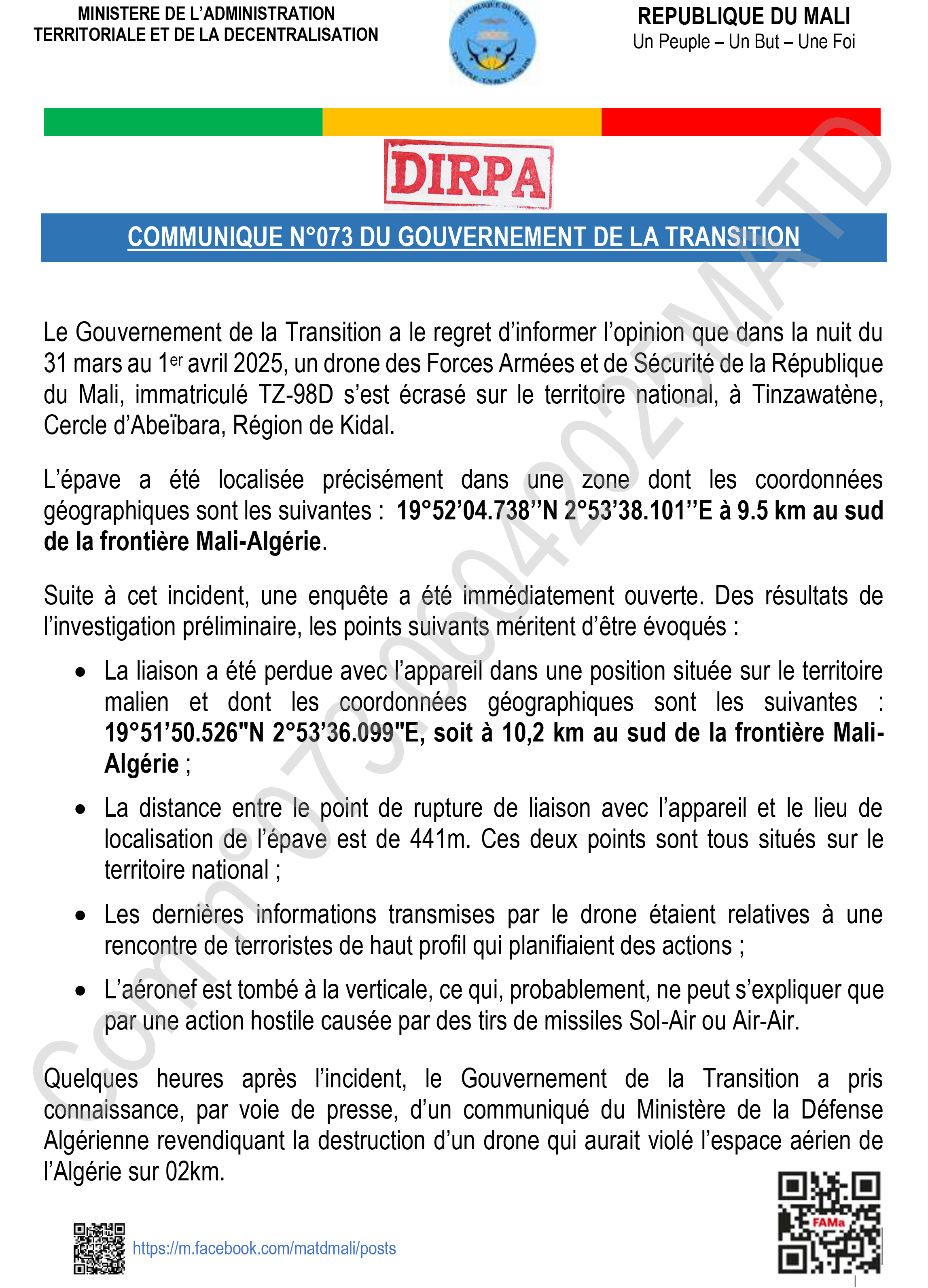  COMMUNIQUE N073 DU GOUVERNEMENT DU MALI_DRONE DE TYPE BAYRAKTAR AKINCI-3-1