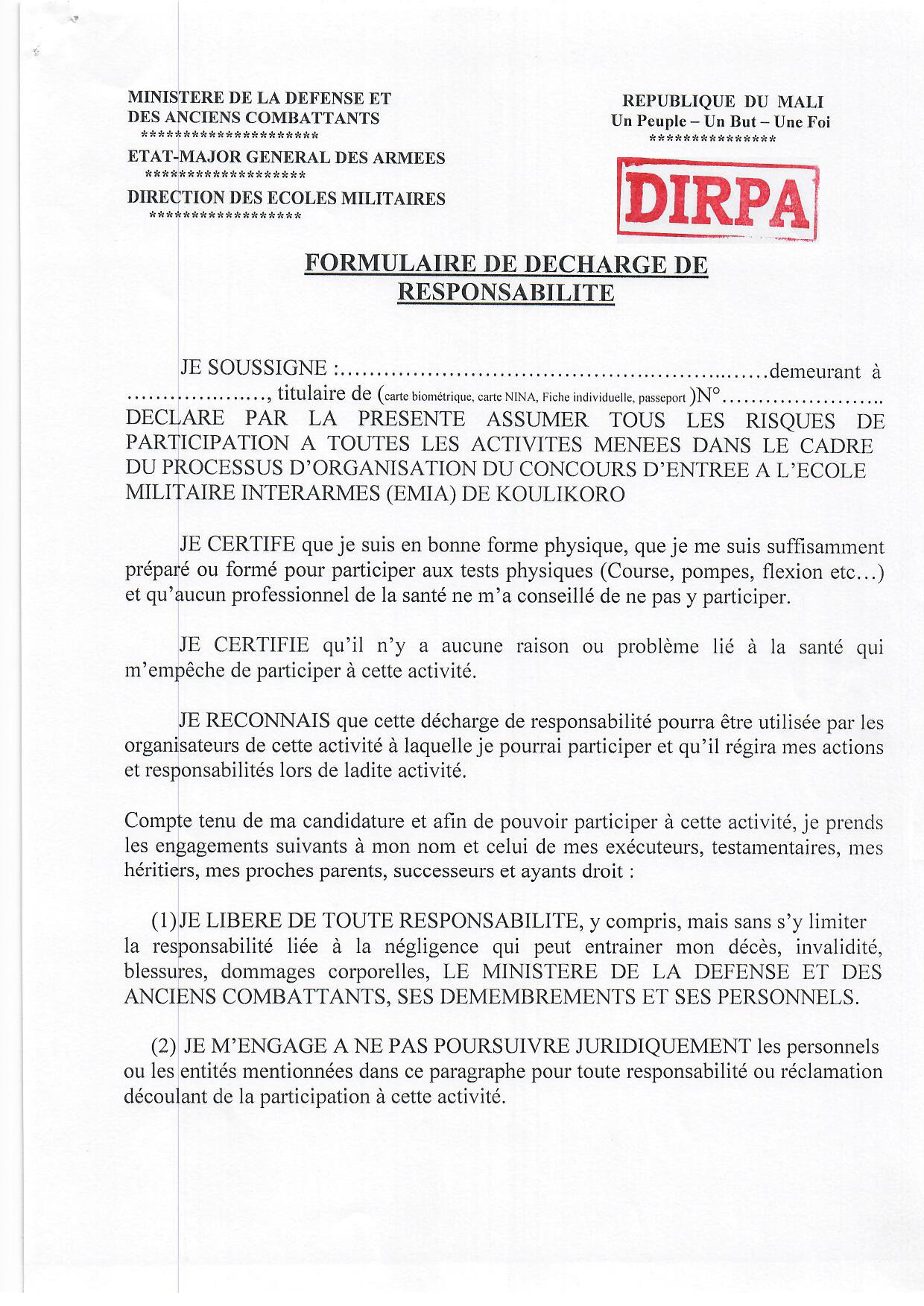  Formulaire de décharge pour la composition du dossier de l'EMIA