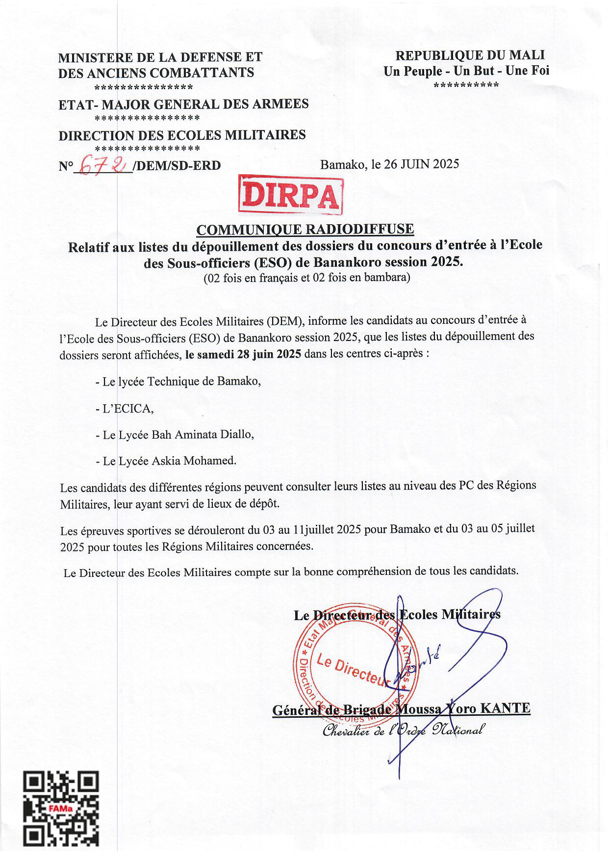  COMMUNIQUE RADIODIFFUSE