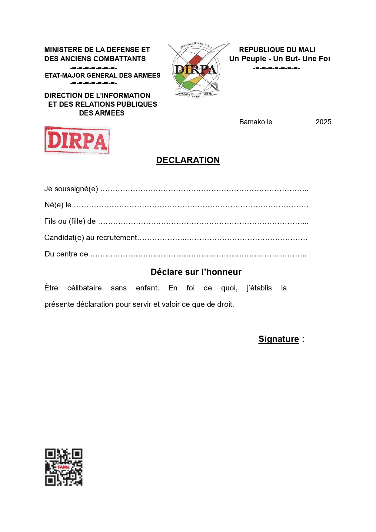  DECLARATION CELIBATAIRE POUR LE RECRUTEMENT DIRECT DE SPECIALISTES ET TECHNICIENS