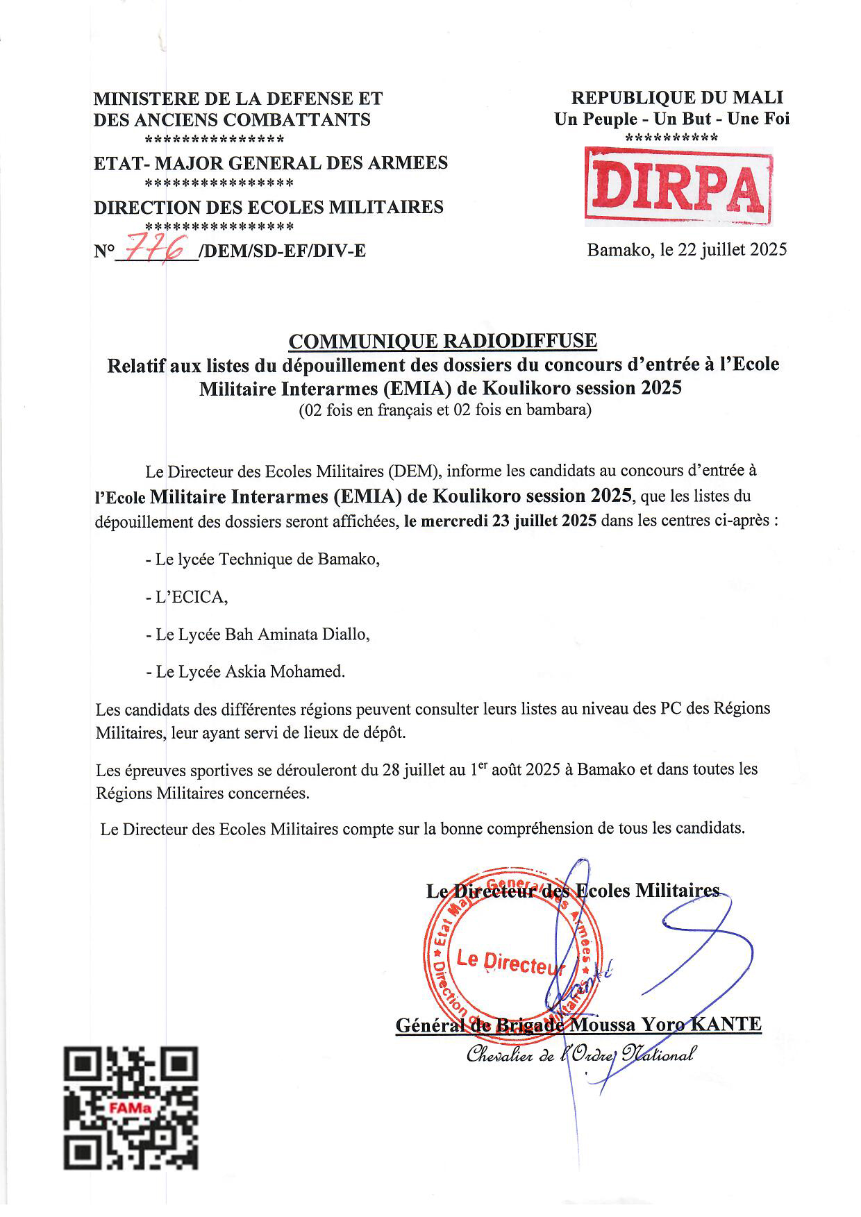  COMMUNIQUE RADIODIFFUSE