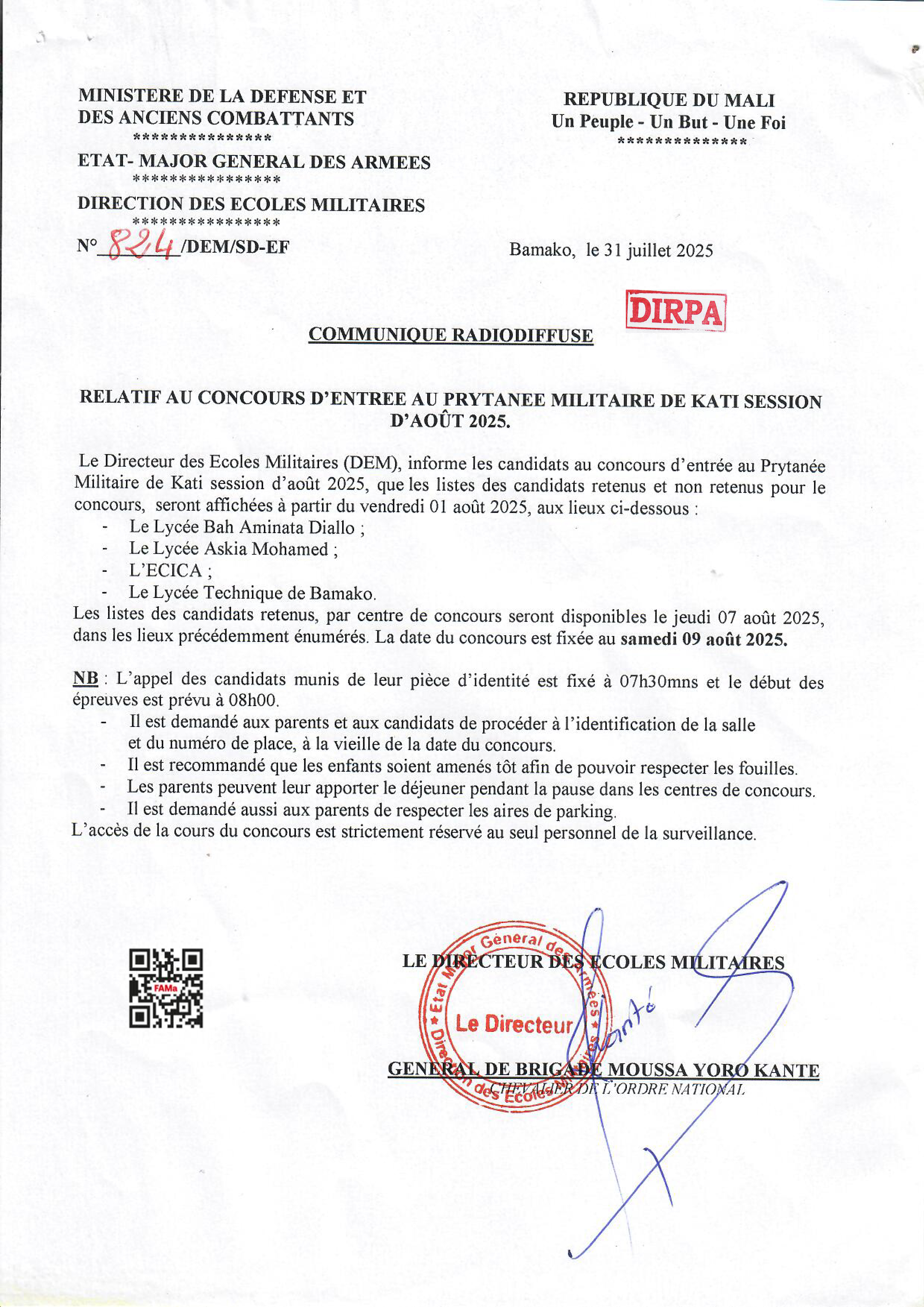  COMMUNIQUE RELATIF AU CONCOURS D'ENTREE AU PRYTANEE MILITAIRE DE KATI SESSION D'AOÛT 2025