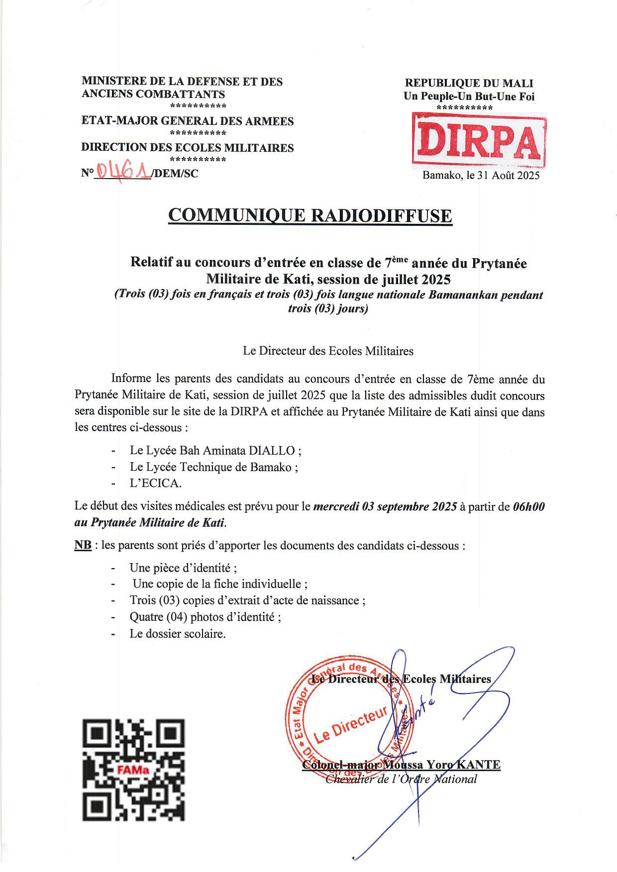  COMMUNIQUE RADIODIFFUSE