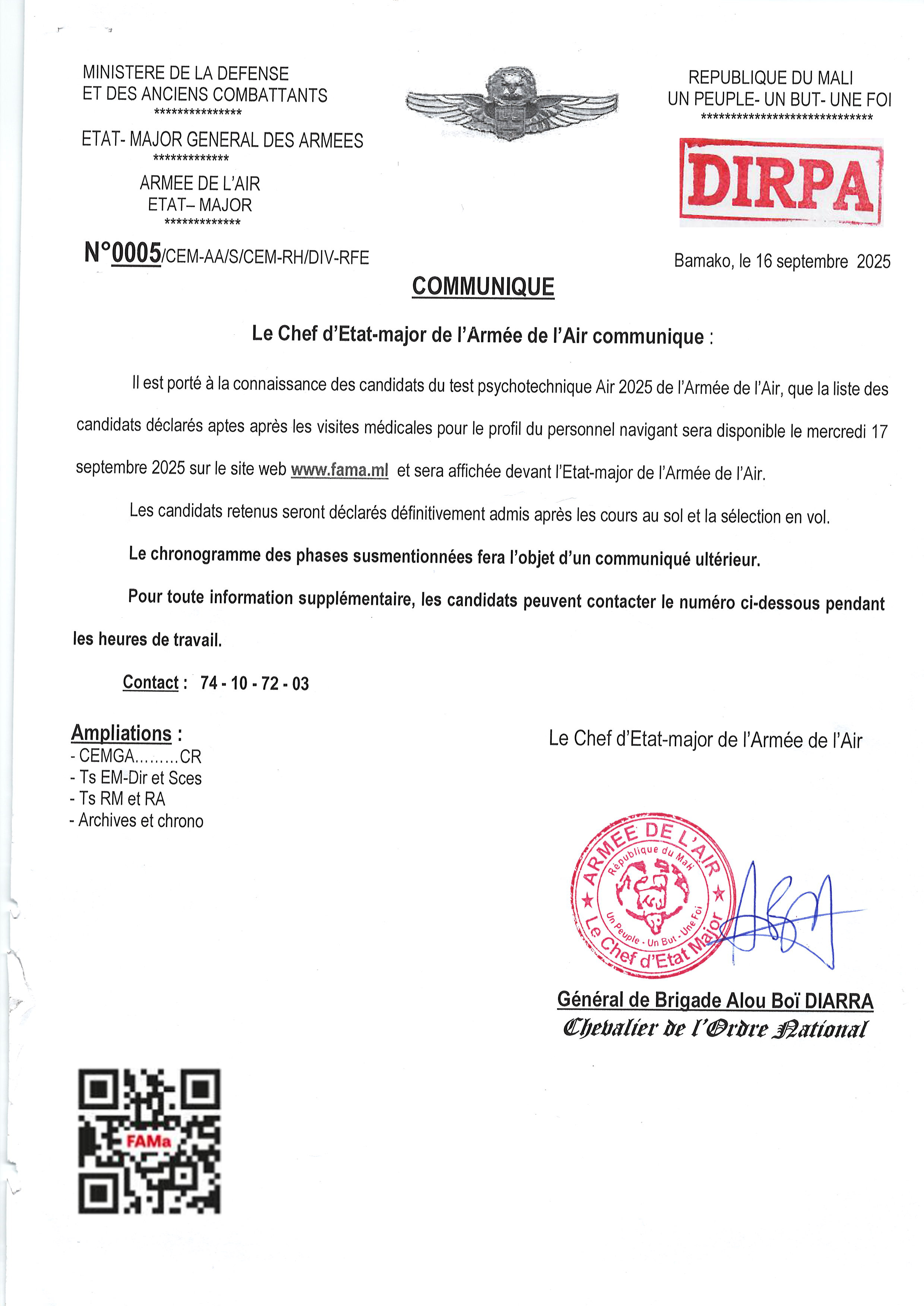  Le Chef d'Etat-major de l'Armée de l'Air communique