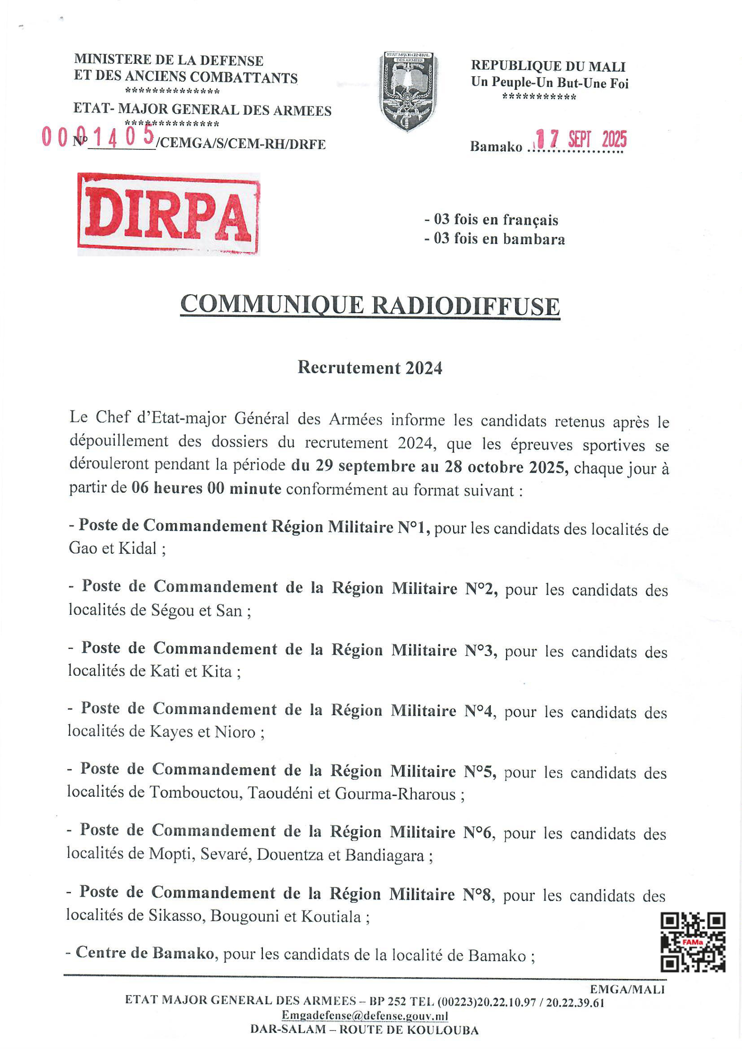  LE CHEF D'ETAT-MAJOR GENERAL DES ARMEES INFORME LES CANDIDATS AU RECRUTEMENT 2024 QUE LES EPREUVES SPORTIVES SE DEROULERONT DU 29 SEPTEMBRE AU 28 OCTOBRE 2025