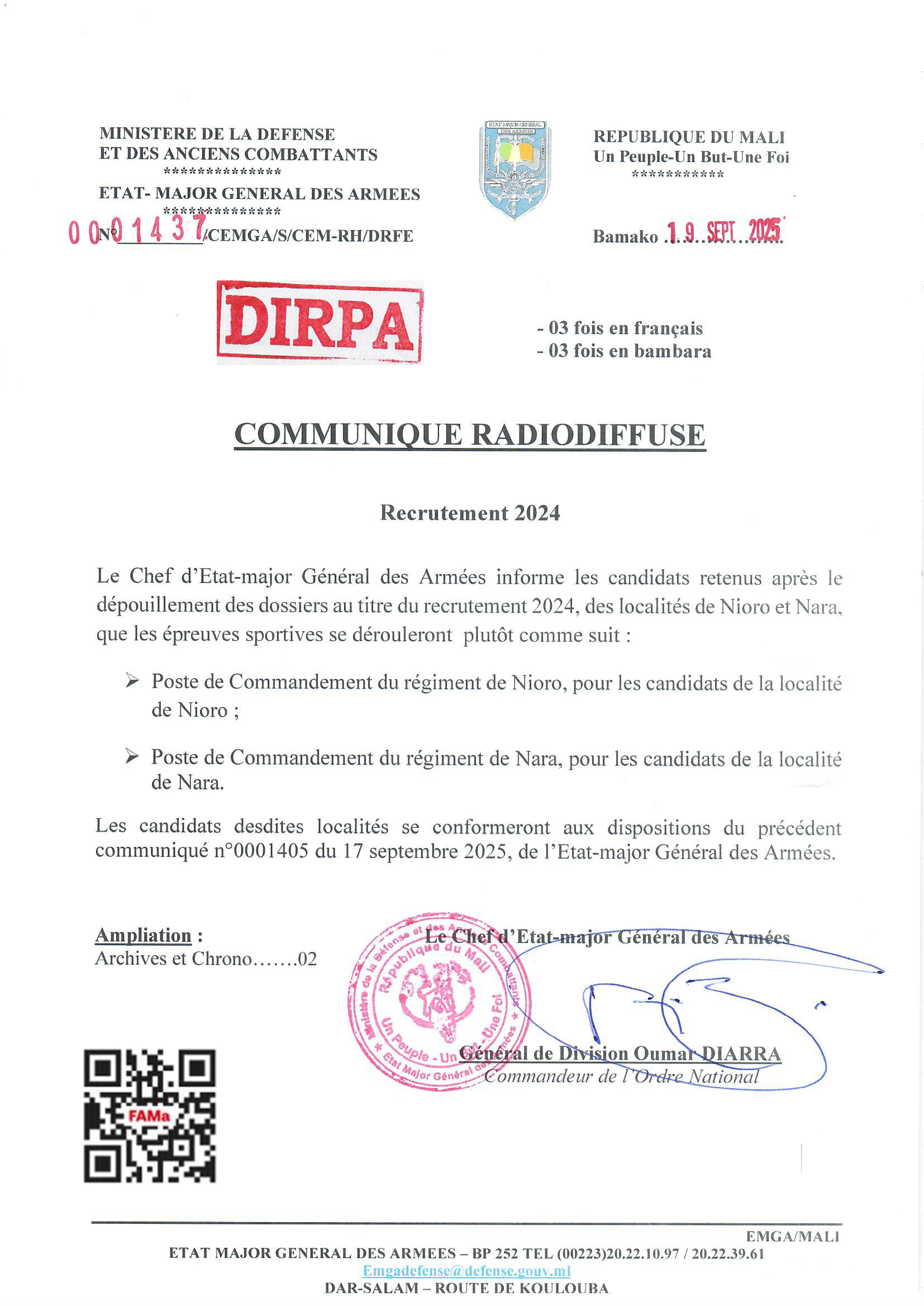  Les candidats retenus après le dépouillement des dossiers au titre du recrutement 2024, des localités de Nioro et Nara