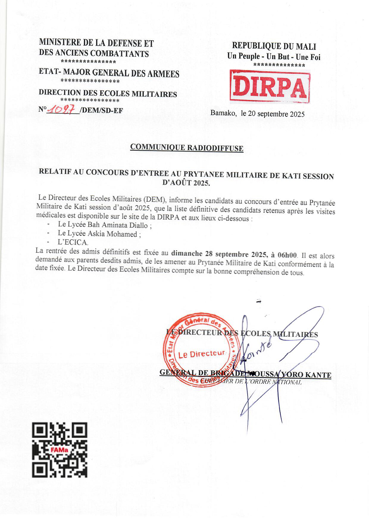  COMMUNIQUE RADIODIFFUSE