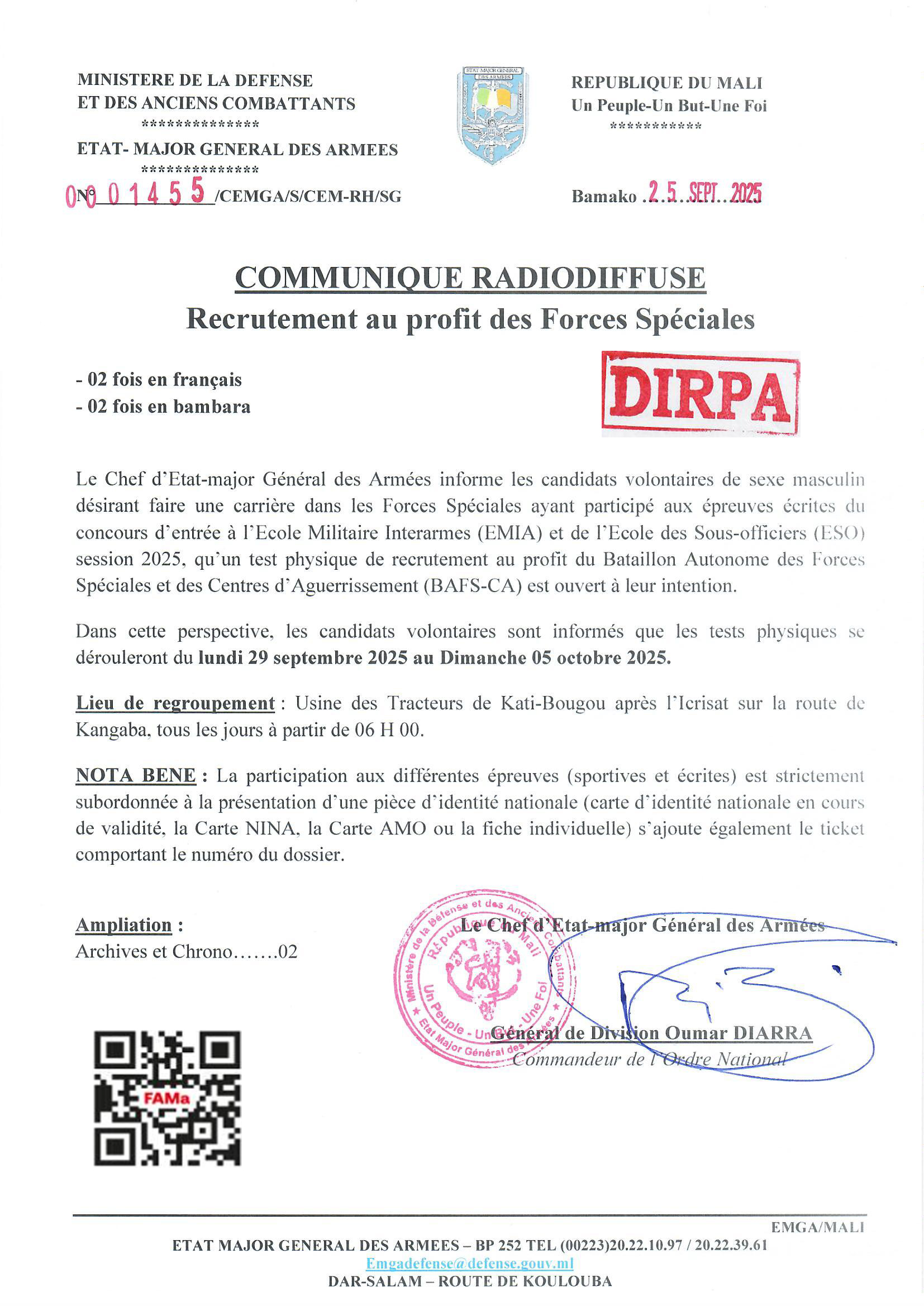  Recrutement au profit des Forces Spéciales