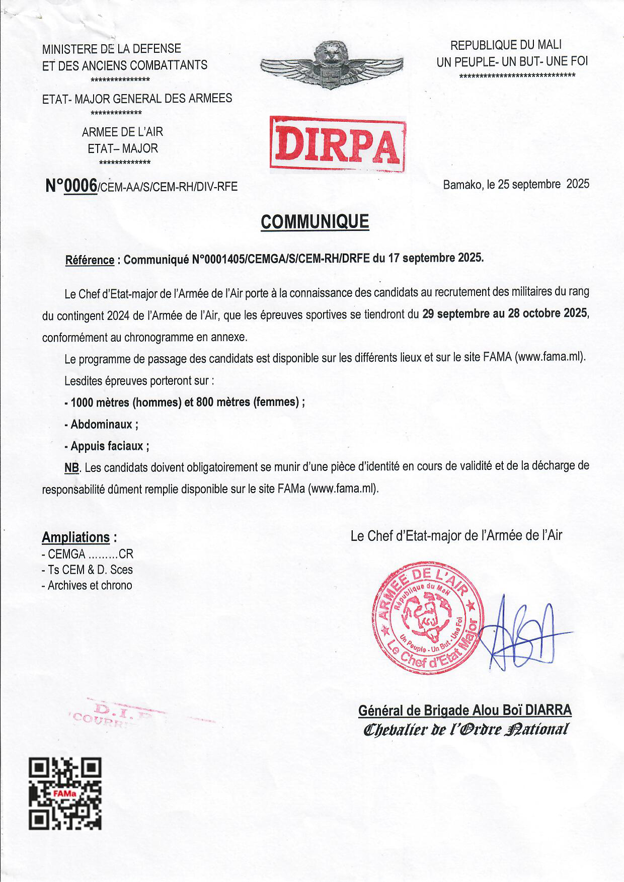  Chronogramme des épreuves sportives militaires du rang contingent 2024 Armée de l'AIR