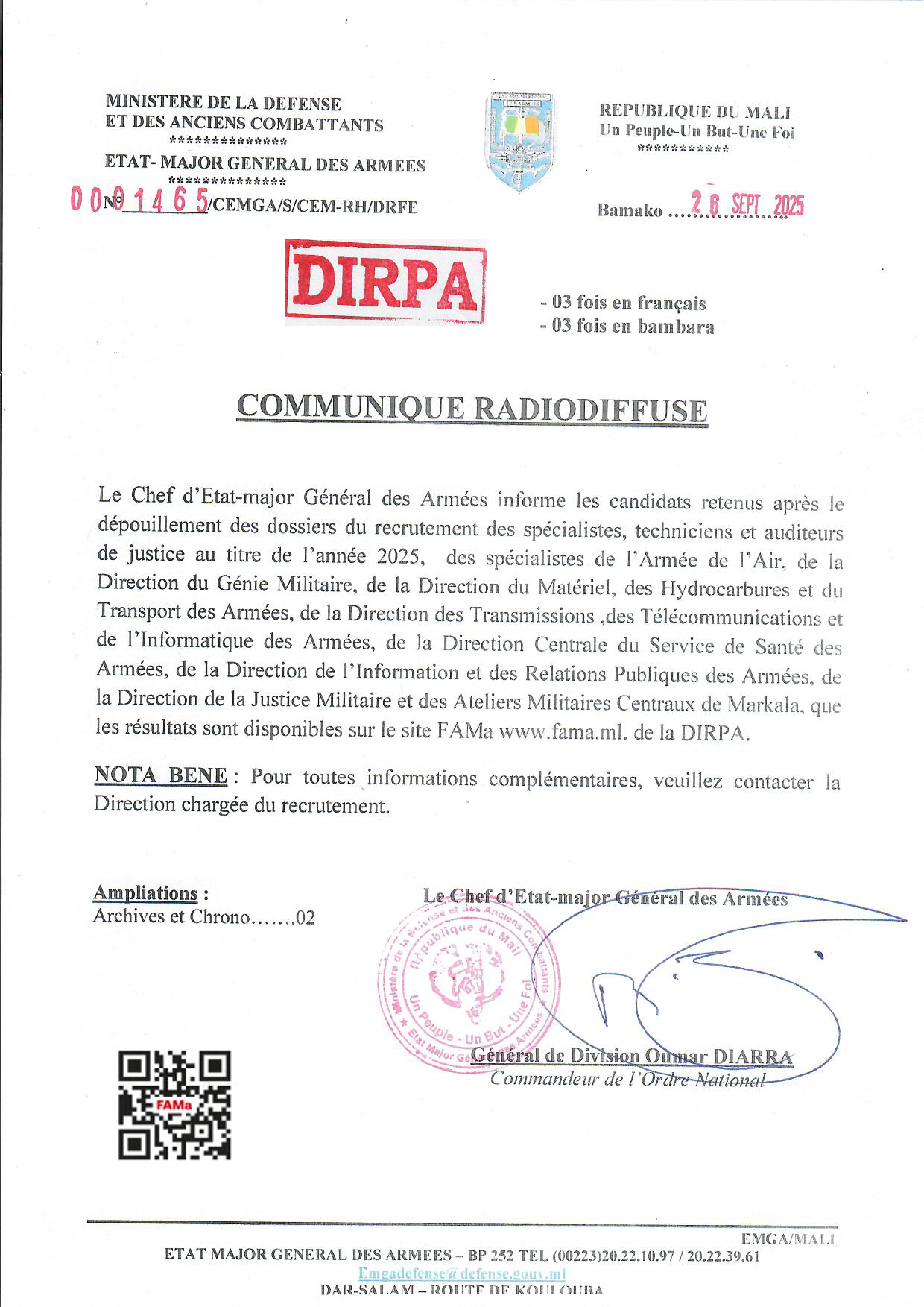  Liste des candidats de la DMHTA retenus après le dépouillement des dossiers au titre du recrutement des spécialistes techniciens et auditeurs de justice au sein des Forces Armées.