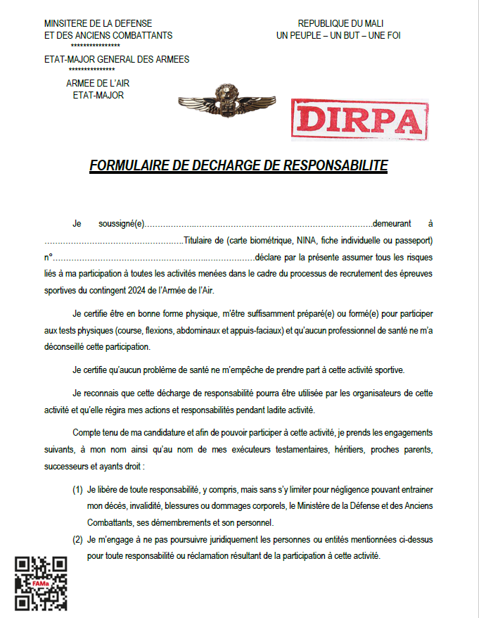  Formulaire de décharge pour les épreuves sportives militaires du rang contingent 2024 Armée de l'AIR