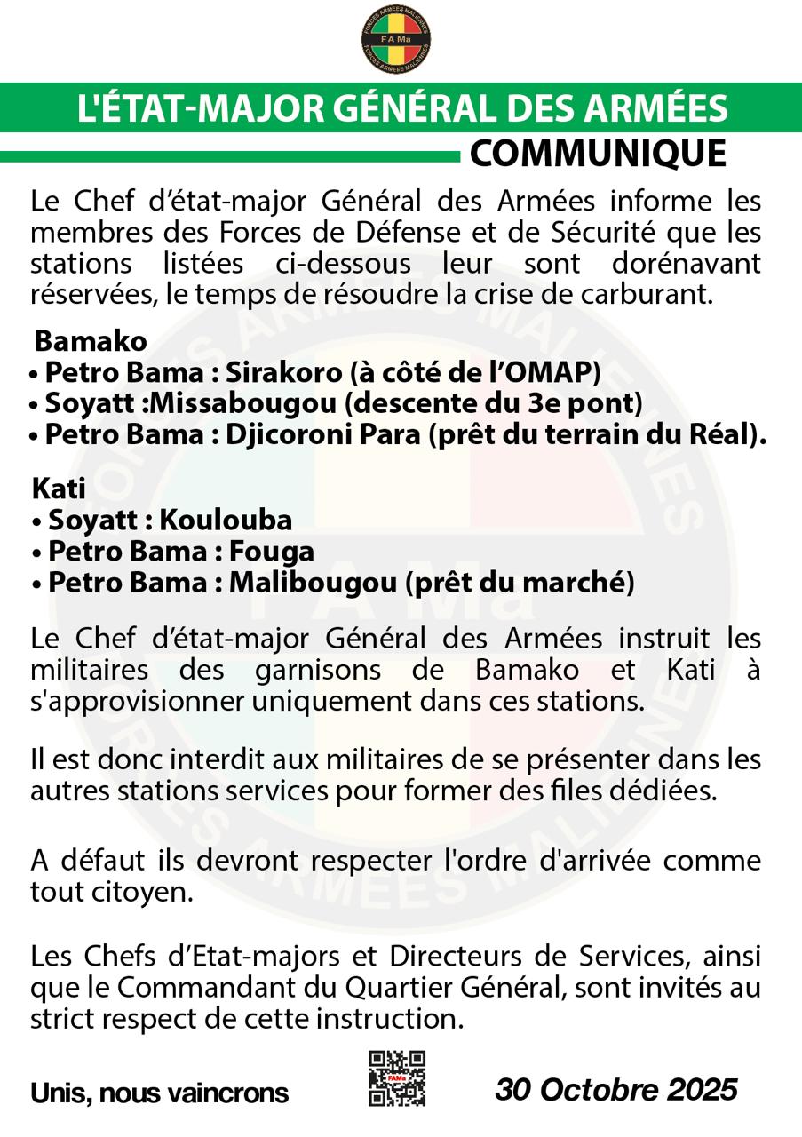 COMMUNIQUE DE L'ETAT-MAJOR GENERAL DES ARMEES