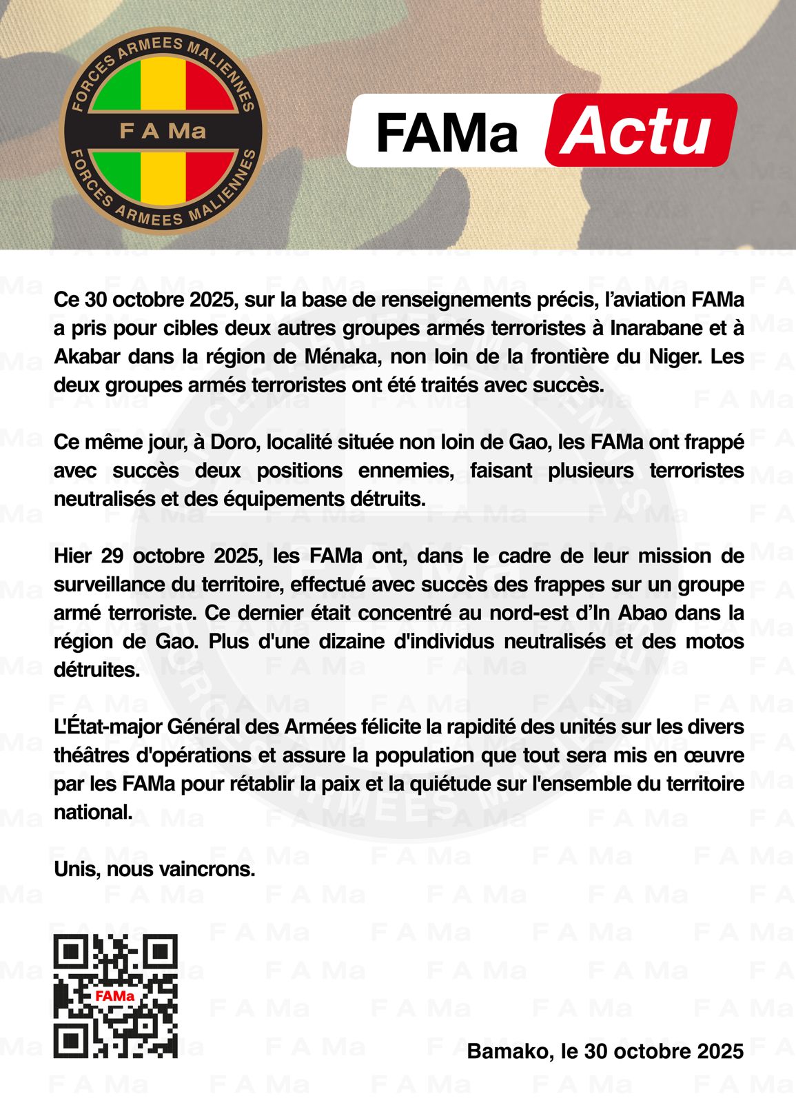  #FAMaActu Ce 30 octobre 2025, sur la base de renseignements précis, l'aviation FAMa a pris pour cibles deux autres groupes armés terroristes à Inarabane et à Akabar dans la région de Ménaka,