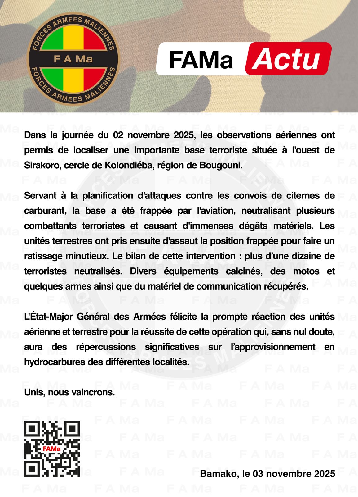  #FAMaActu Dans la journée du 02 novembre 2025, les observations aériennes ont permis de localiser une importante base terroriste située à l’ouest de Sirakoro.