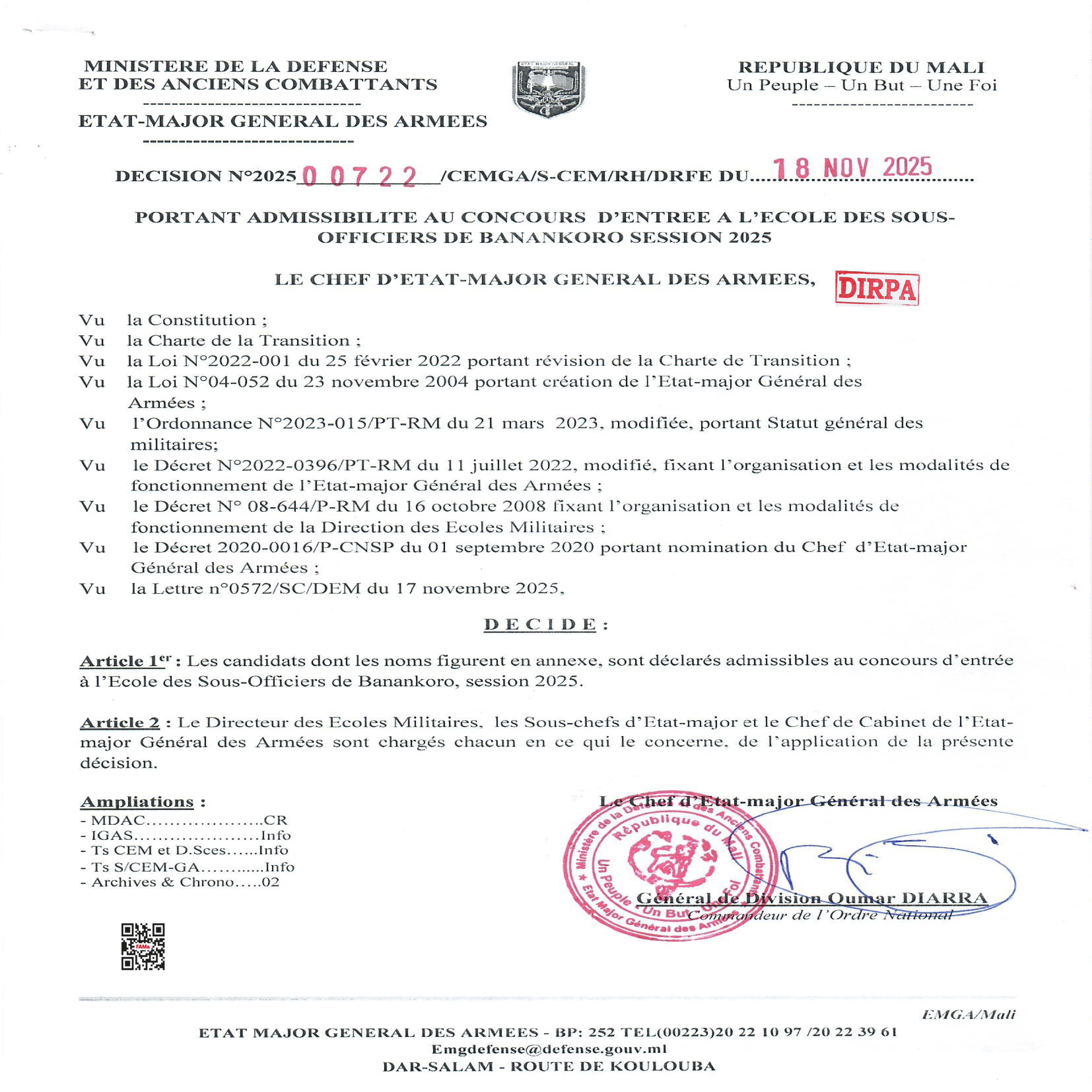  COMMUNIQUE DU CHEF D'ETAT-MAJOR GENERAL DES ARMEES PORTANT ADMISSIBILITE AU CONCOURS D'ENTRE A L'ECOLE DES SOUS-OFFICIERS DE BANANKORO SESSION 2025