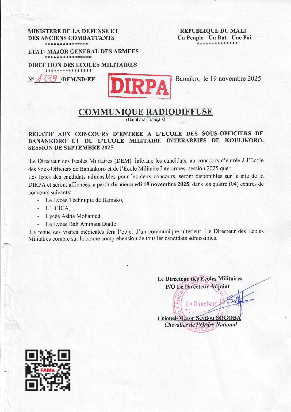  COMMUNIQUE RADIODIFFUSE