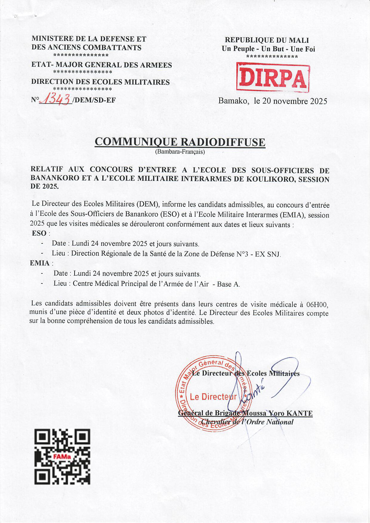  Le Directeur des Ecoles Militaires, informe les candidats au concours d'entrée à l'ESO et l'EMIA, session de 2025 que les visites médicales se dérouleront conformément aux dates et lieux.