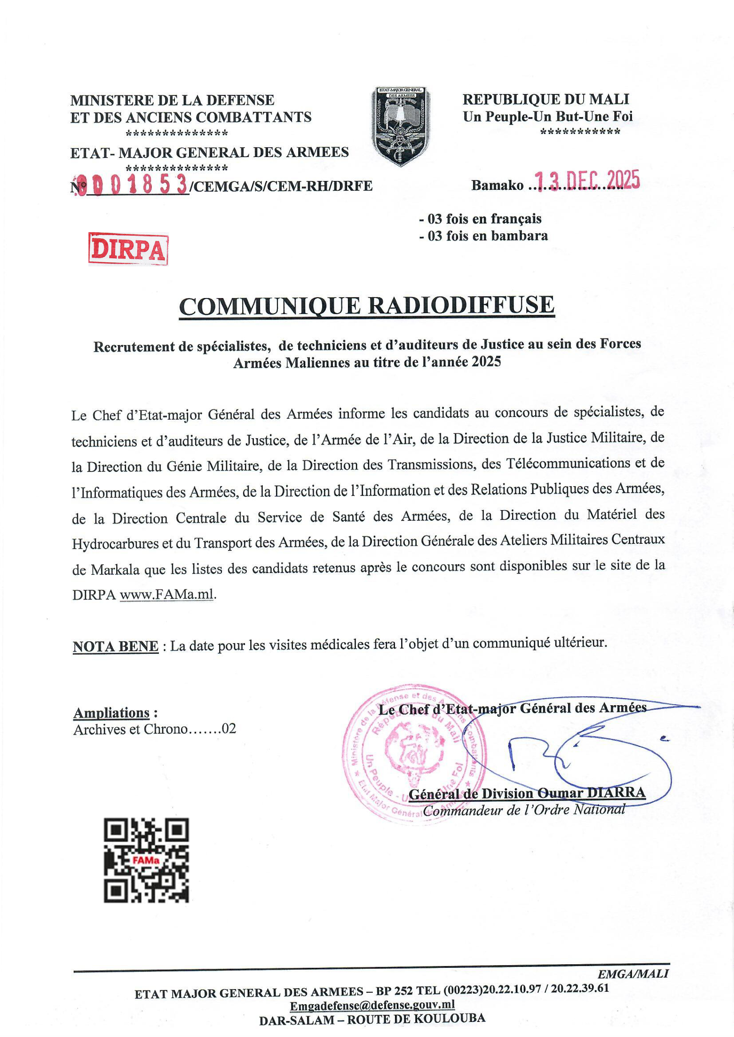  COMMUNIQUE RADIODIFFUSE DES SPECIALISTES  DE LA DIRECTION GENERALE DES ATELIERS CENTRAUX MILITAIRE DE MARKALA
