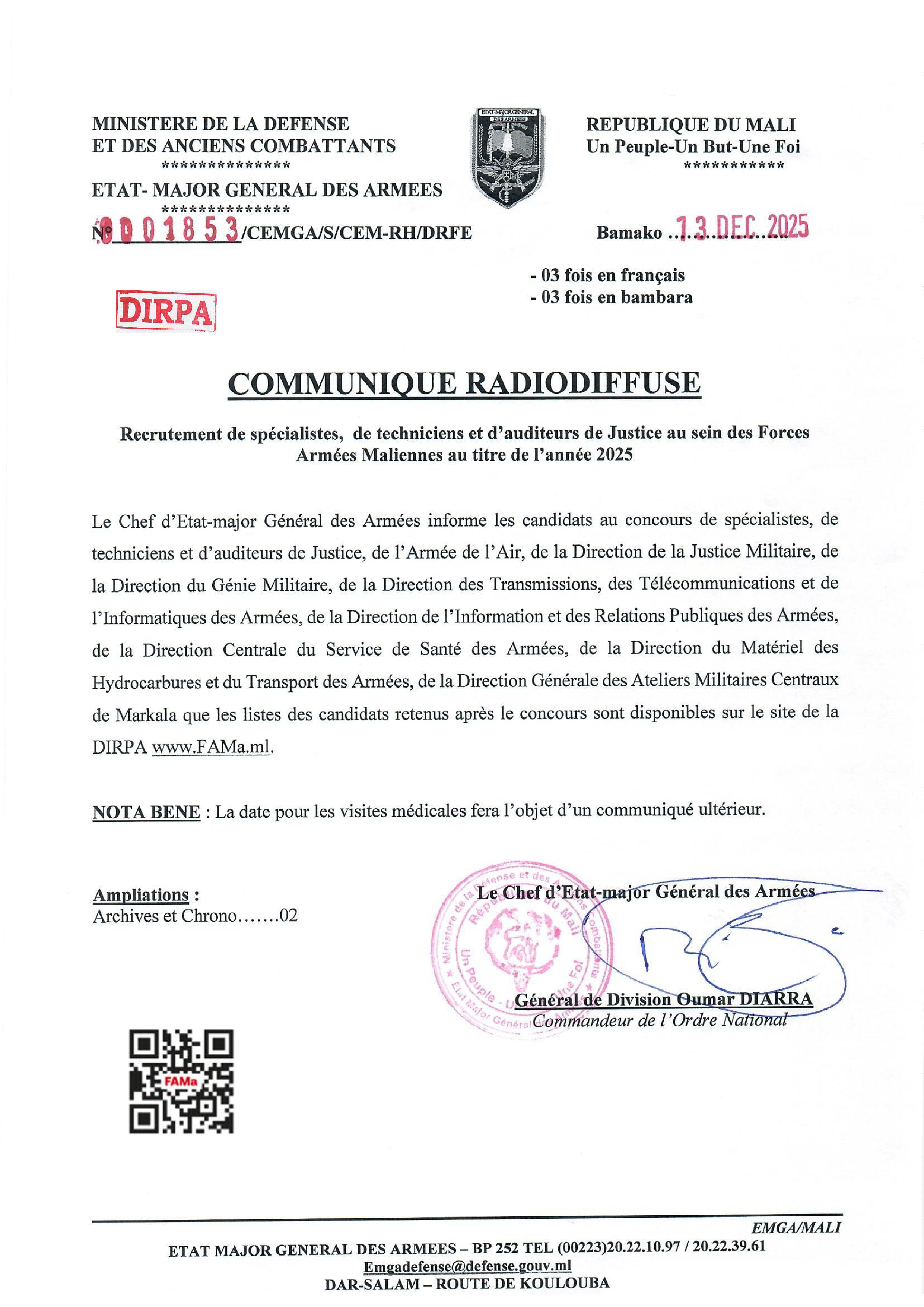  COMMUNIQUE RADIODIFFUSE DES SPECIALISTES DE L'ARMEE DE L'AIR