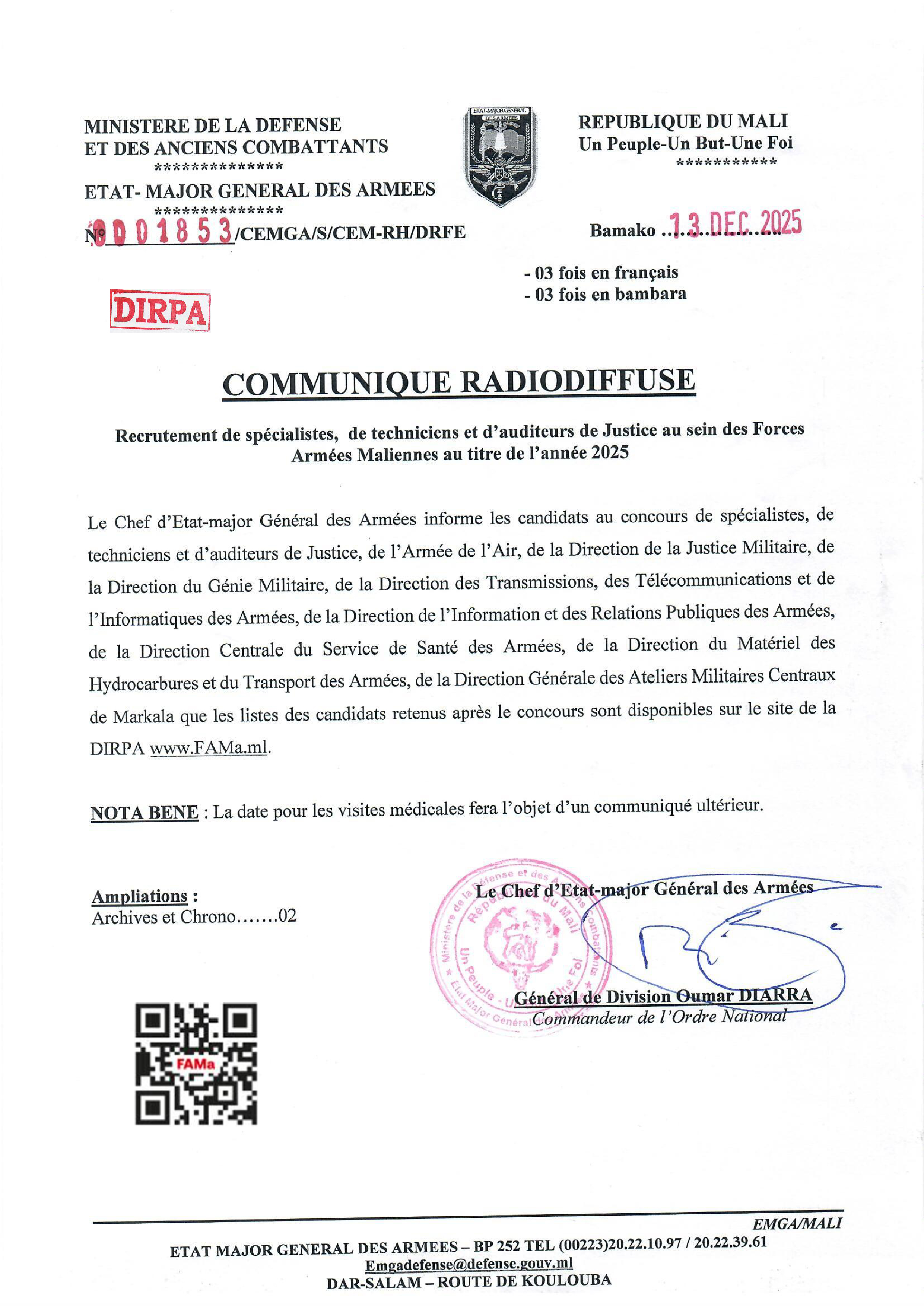  COMMUNIQUE RADIODIFFUSE DES SPECIALISTES DE LA DIRECTION CENTRALE DU SERVICE DE SANTE DES ARMEES