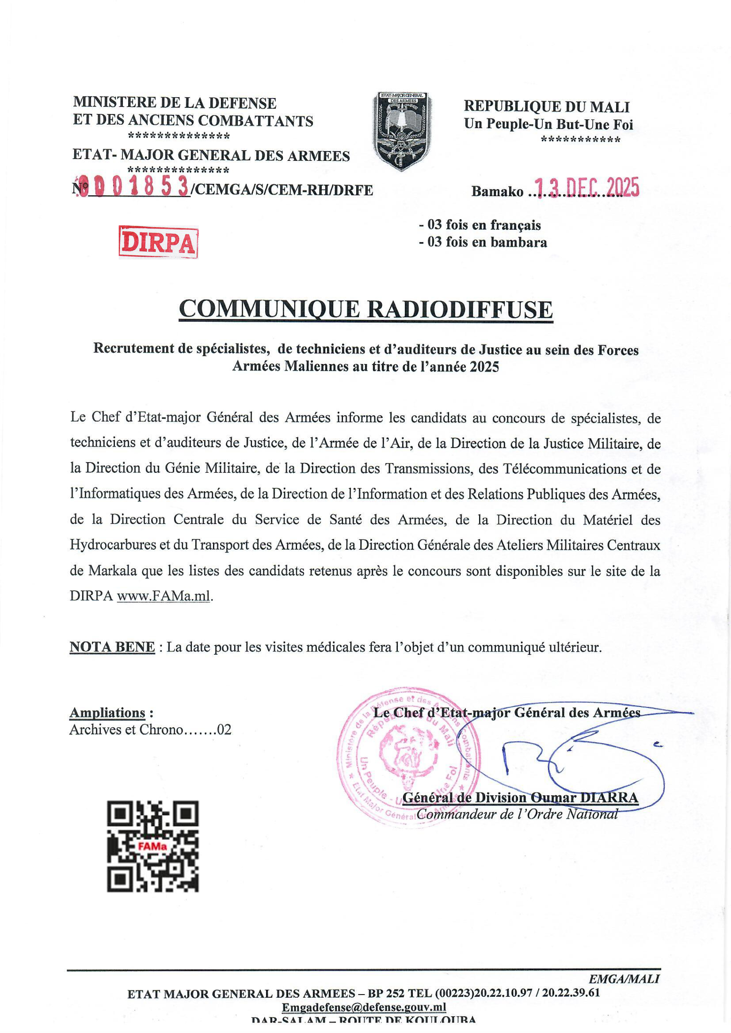  COMMUNIQUE RADIODIFFUSE DES SPECIALISTES DE LA DIRECTION DE LA JUSTICE MILITAIRE