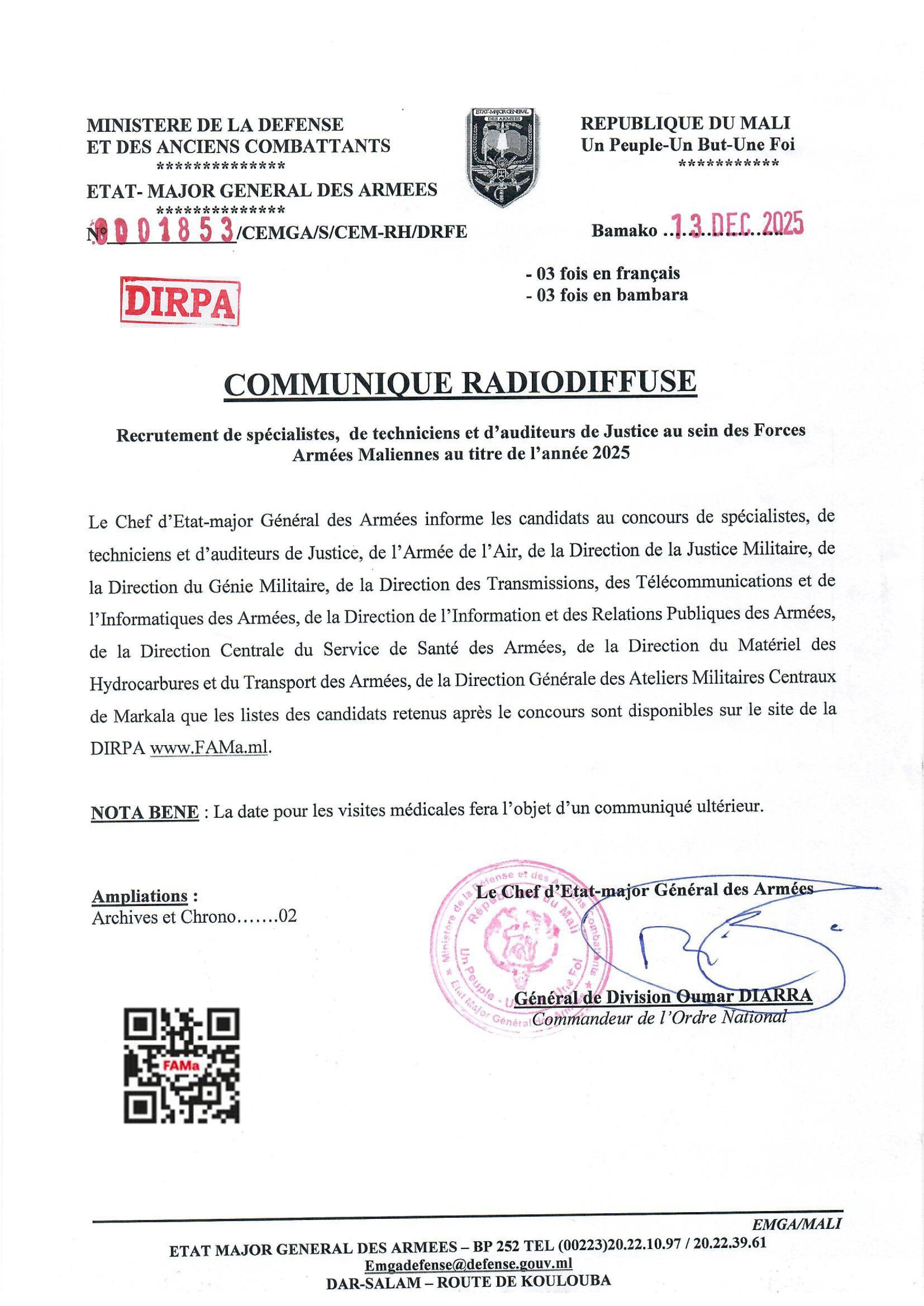  COMMUNIQUE RADIODIFFUSE DES SPECIALISTES DE LA DIRECTION DU MATERIEL DES HYDROCARBURES ET DU TRANSPORT DES ARMEES.