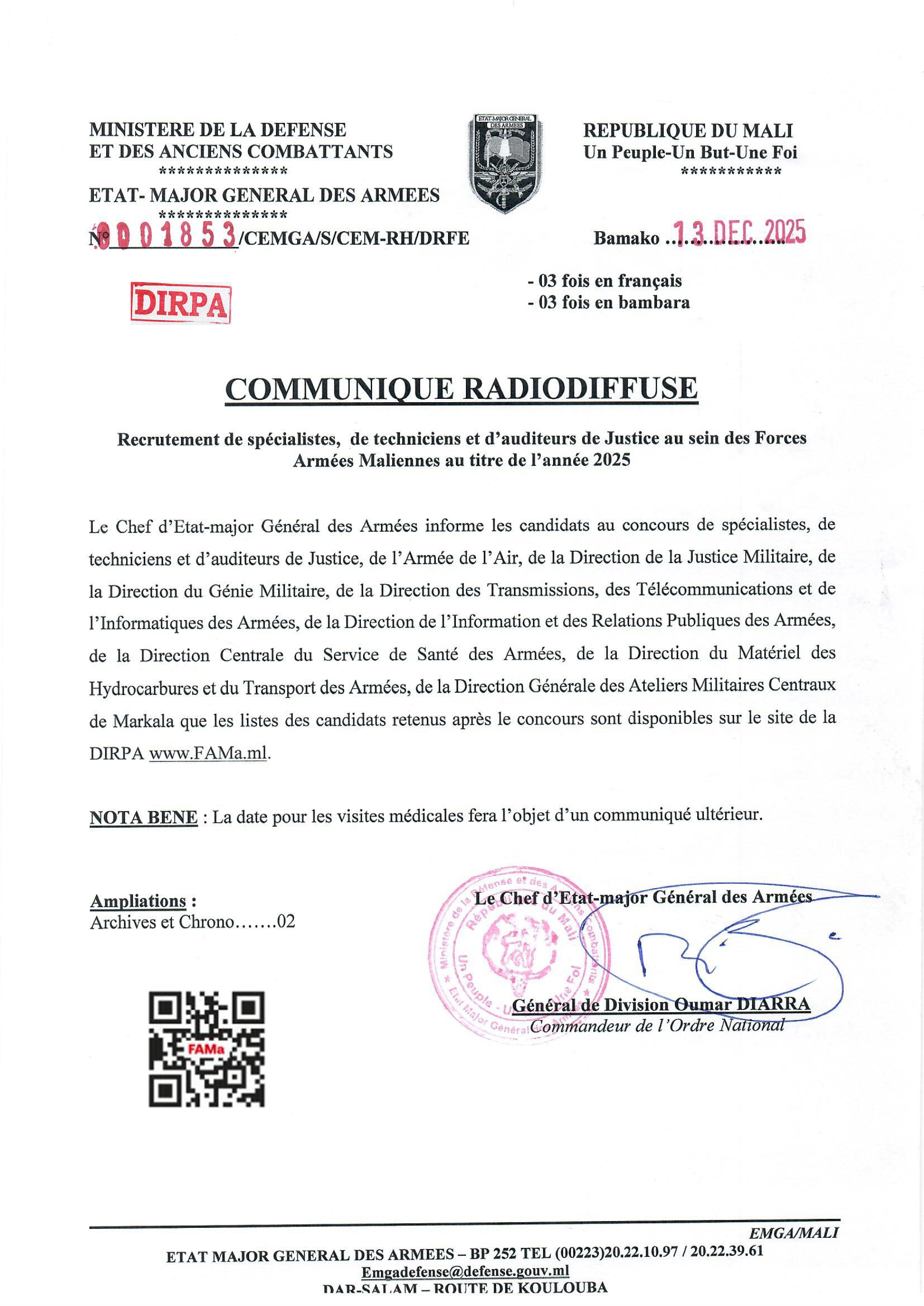  COMMUNIQUE RADIODIFFUSE DES SPECIALISTES DE LA DIRECTION DU GENIE MILITAIRE.