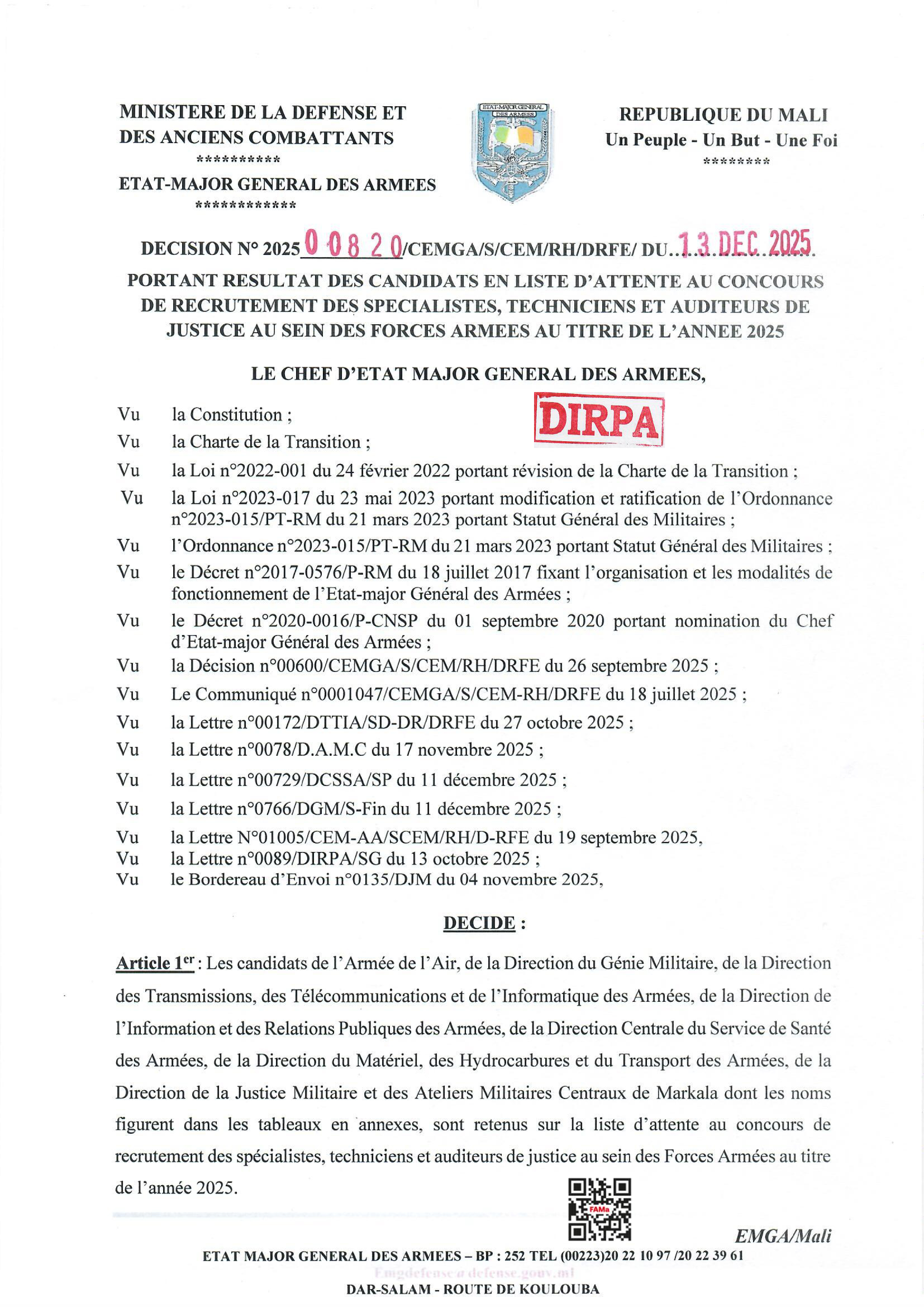  COMMUNIQUE RADIODIFFUSE DES SPECIALISTES EN LISTE D'ATTENTE DE LA DIRECTION DE LA JUSTICE MILITAIRE.