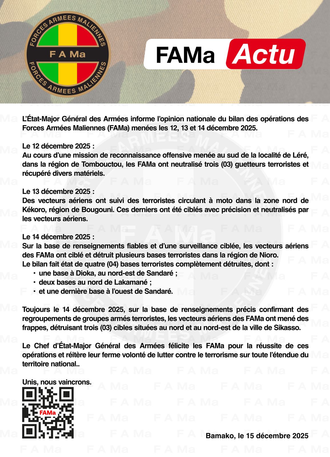  L'Etat-major Général des Armées informe l'opinion nationale du bilan des opérations des Forces Armées Maliennes (FAMa) menées les 12, 13 et 14 DECEMBRE 2025