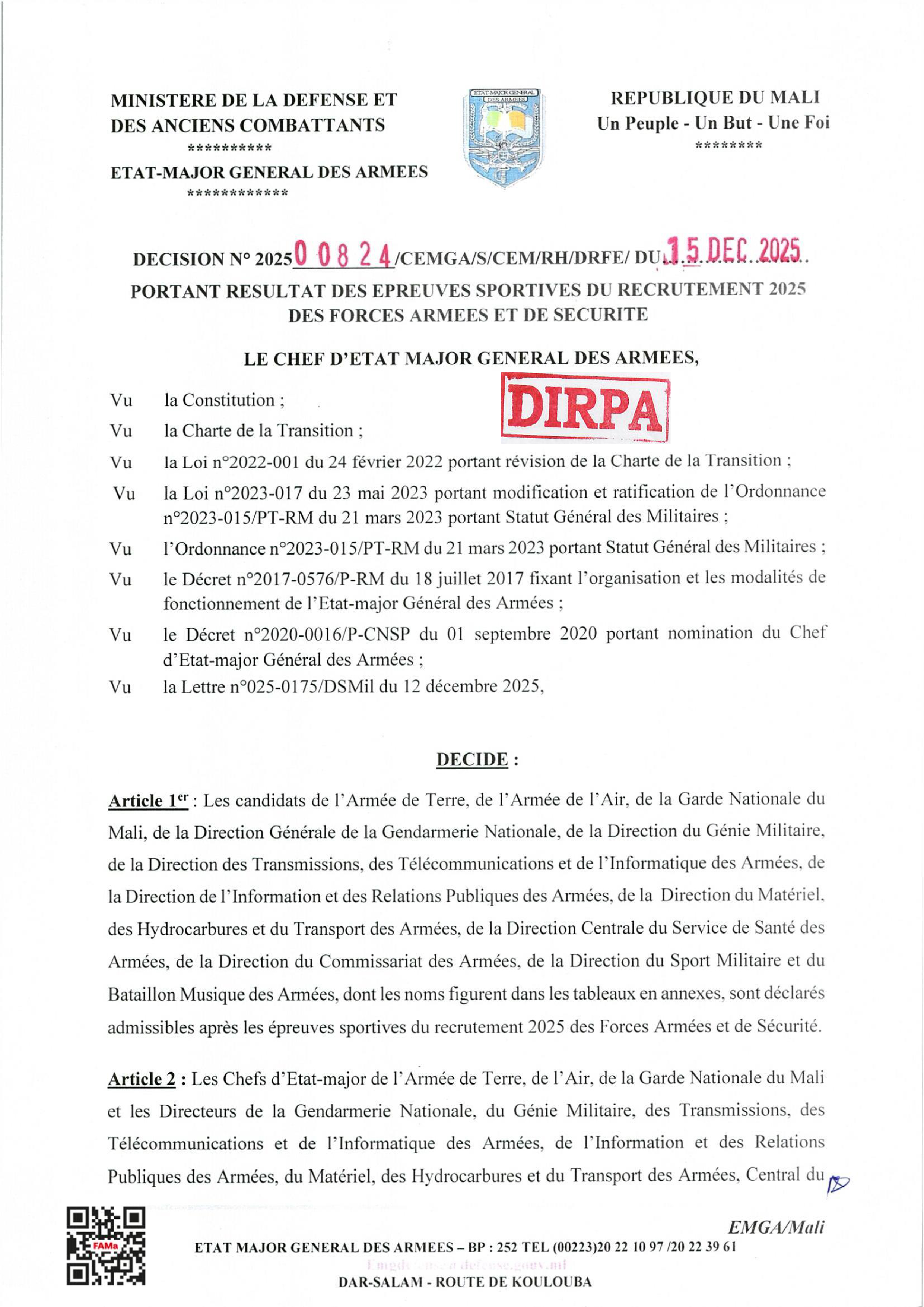  COMMUNIQUE RADIODIFFUSE DE RECRUTEMENT 2025. LISTE DES CANDIDATS DE LA DIRPA.