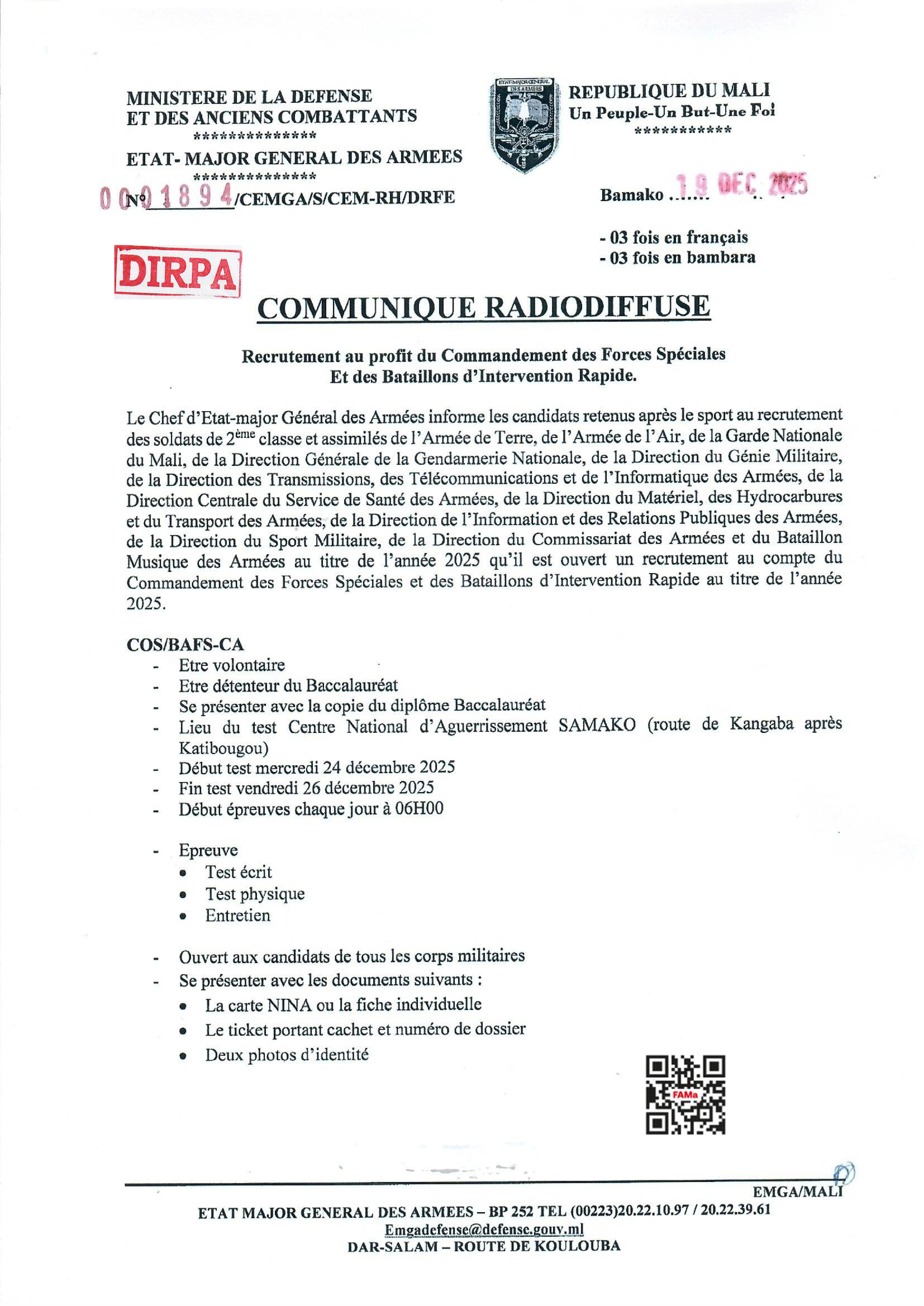  COMMUNIQUE DE RECRUTEMENT DANS LES FORCES SPECIALES