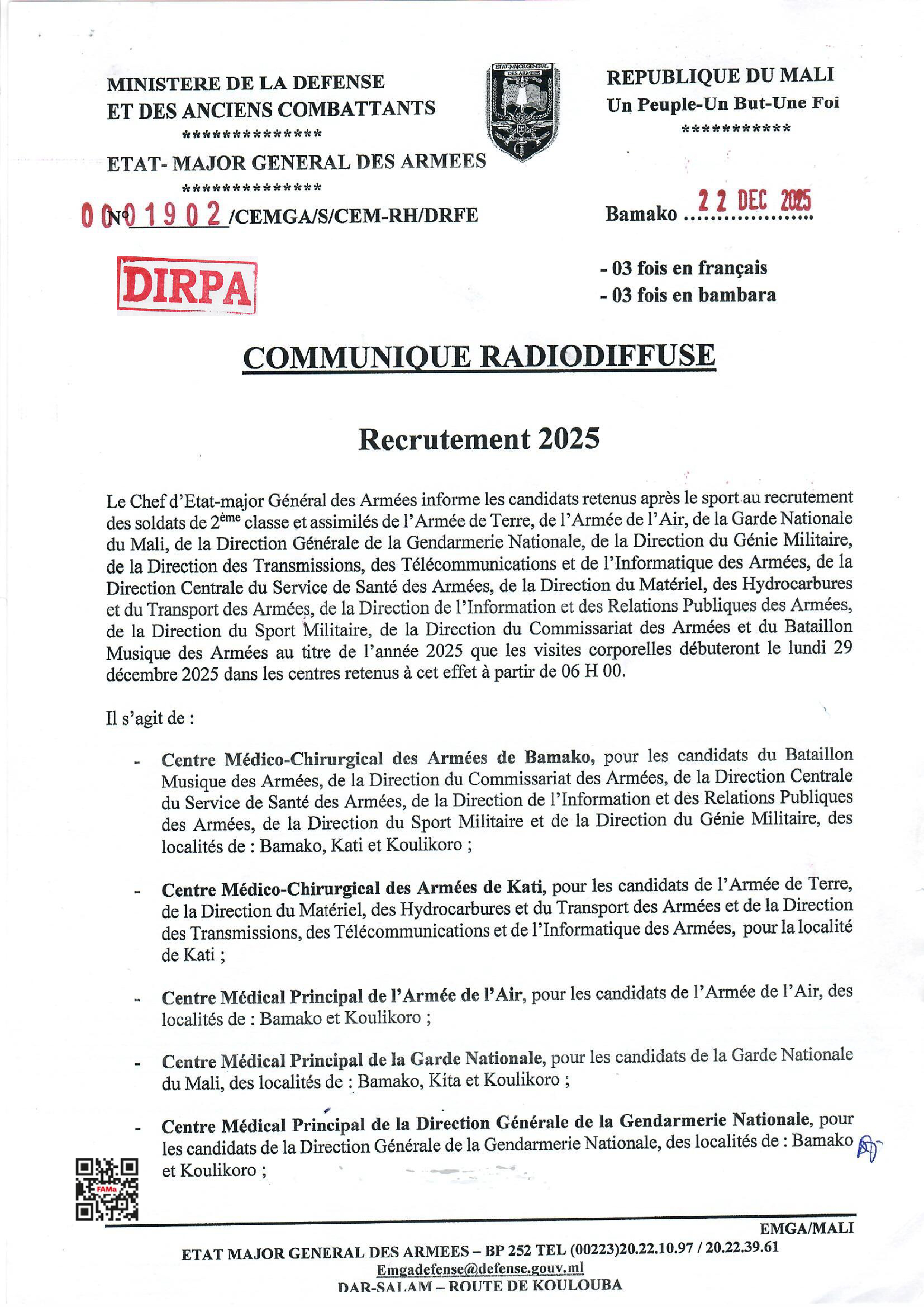  COMMUNIQUE DES VISITES DU RECRUTEMENT 2025