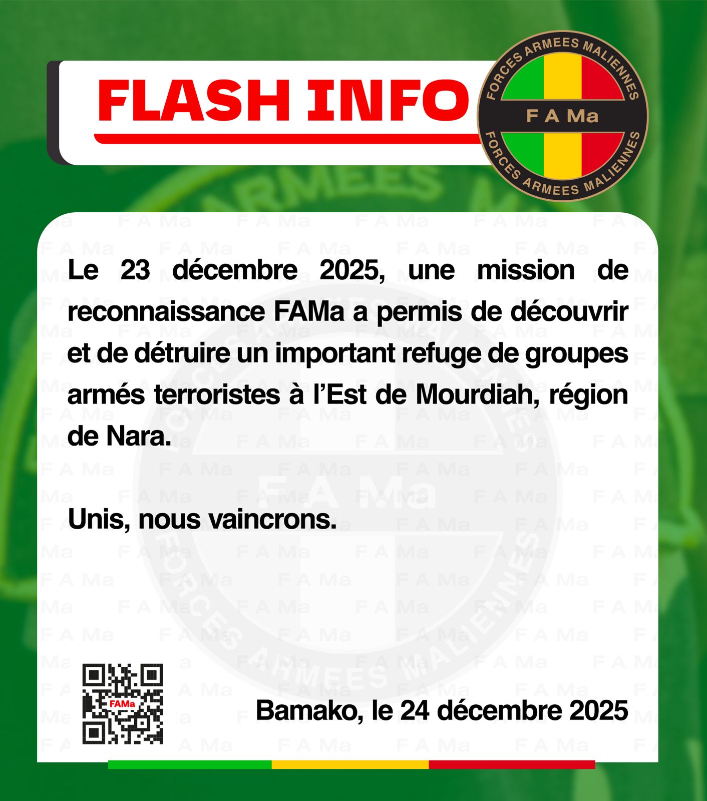  Le 23 décembre 2025, une mission de reconnaissance FAMa a permis de découvrir et de détruire un important refuge de groupes armés terroristes.