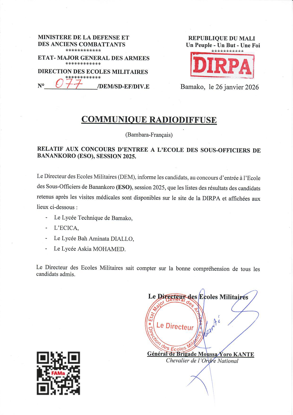  Liste des candidats retenus après les visites médicales sont disponibles sur le site de la DIRPA et affichées aux lieux ci-dessous: