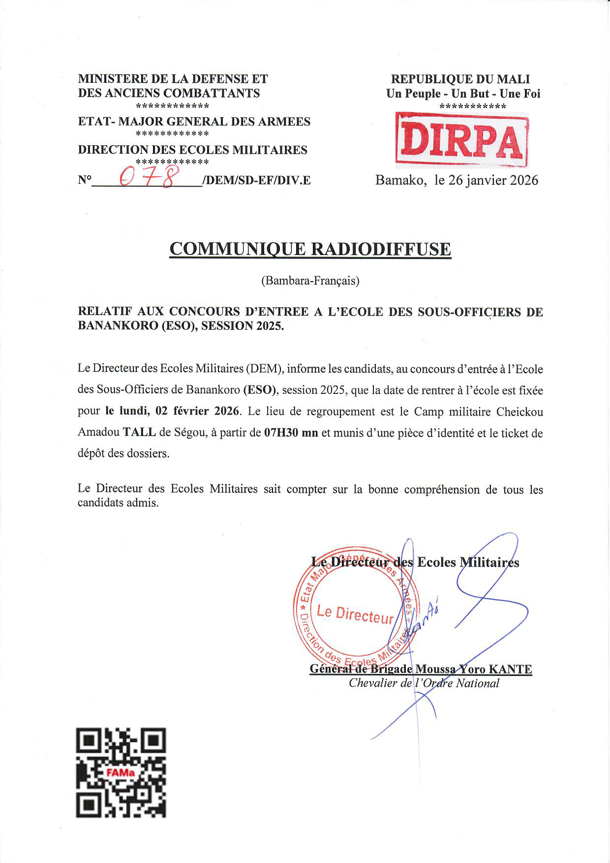 Le Directeur des Ecoles Militaires informe que la date de rentrer à l'école est fixée pour le lundi 02 février 2026.