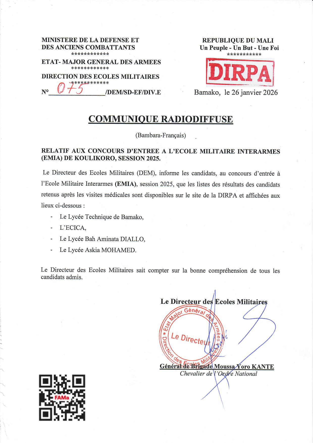  Liste des candidats retenus après les visites médicales sont disponibles sur le site de la DIRPA et affichées aux lieux ci-dessous:
