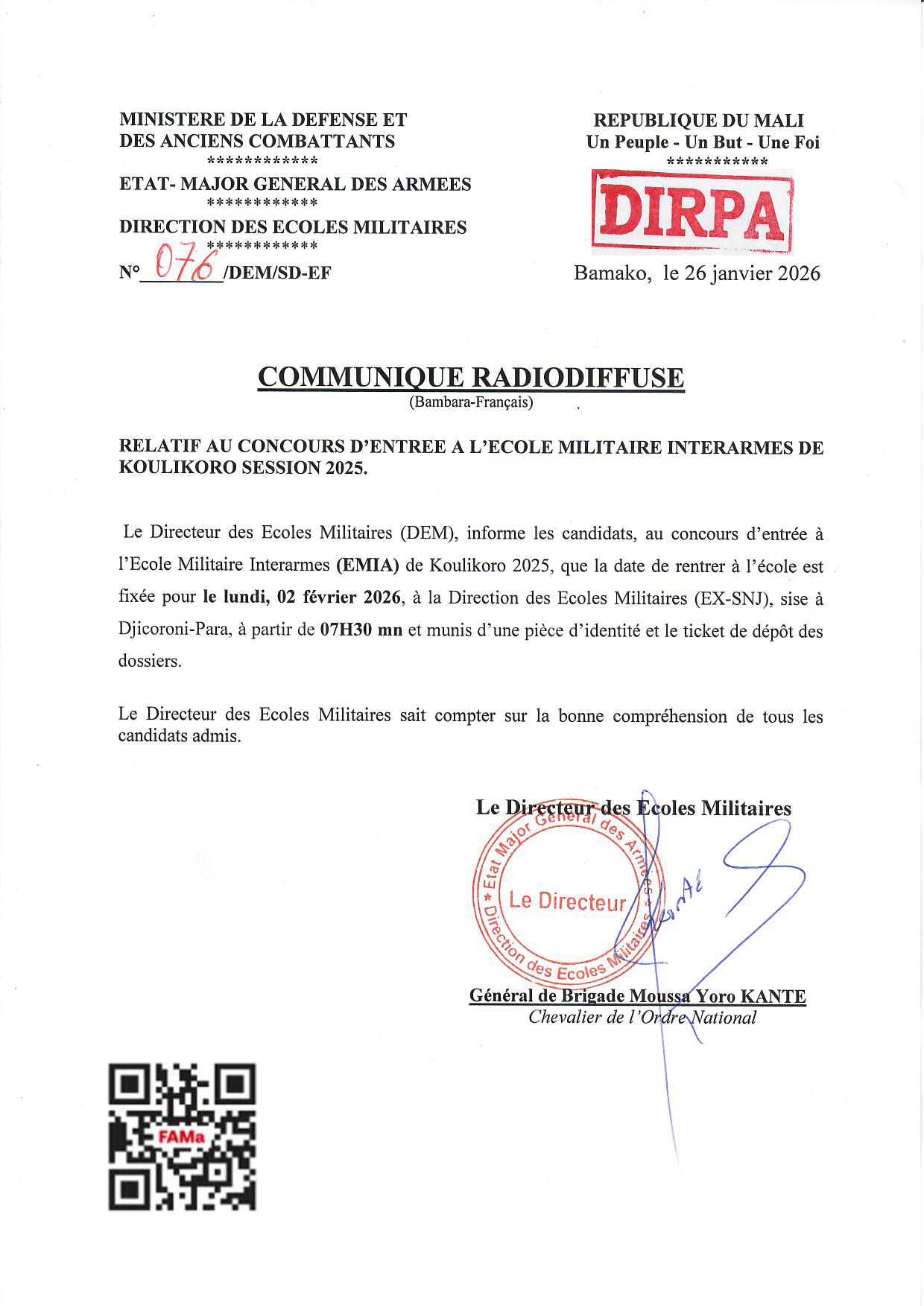  Le Directeur des Ecoles Militaires informe que la date de rentrer à l'école est fixée pour le lundi 02 février 2026.