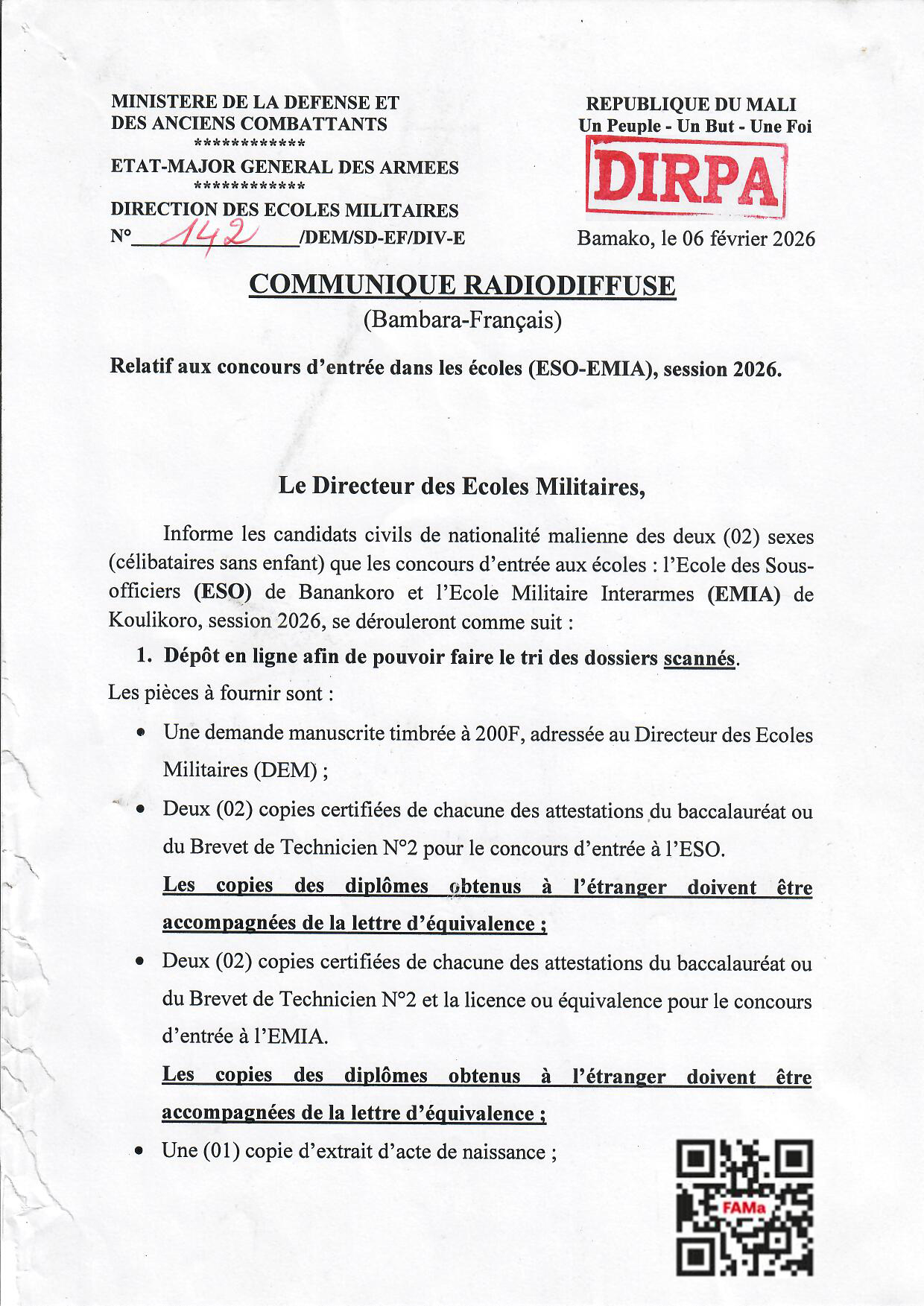 Concours d'entrée dans les écoles (ESO-EMIA), session 2026.