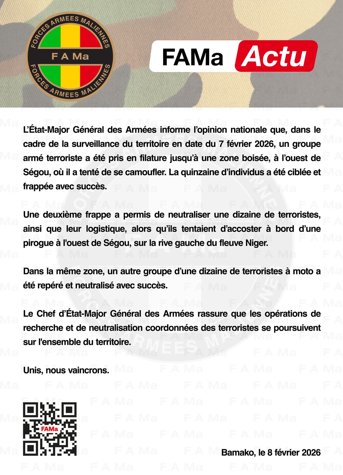  FAMa Actu : L’État Général des Armées informe l’opinion nationale que, dans le cadre de la surveillance du territoire en date du 7 février 2026, un groupe armé terroriste a été pris en filatu