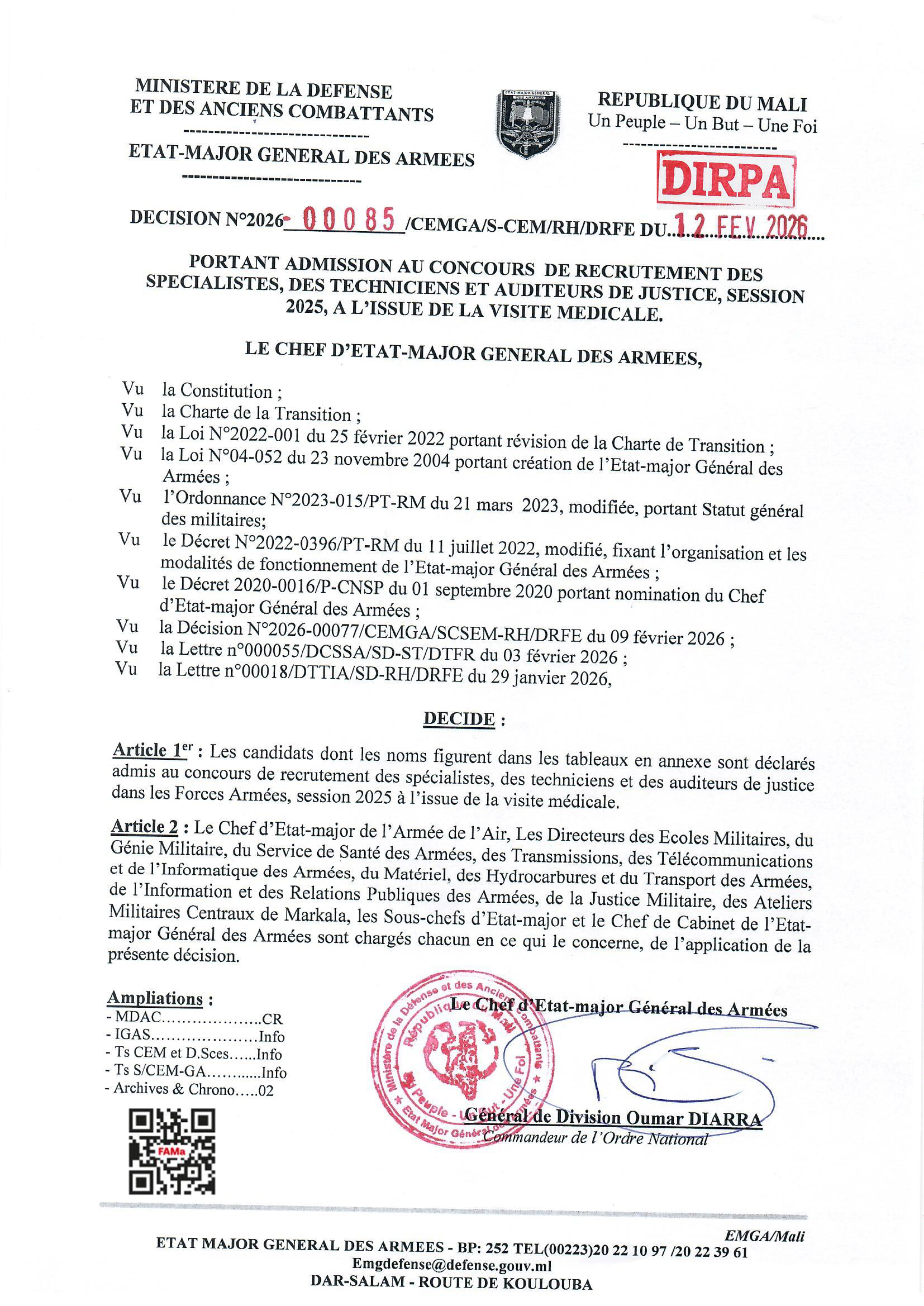 Liste des candidats retenus au concours de recrutement des spécialistes au sein des Forces Armées Maliennes (SUITE)