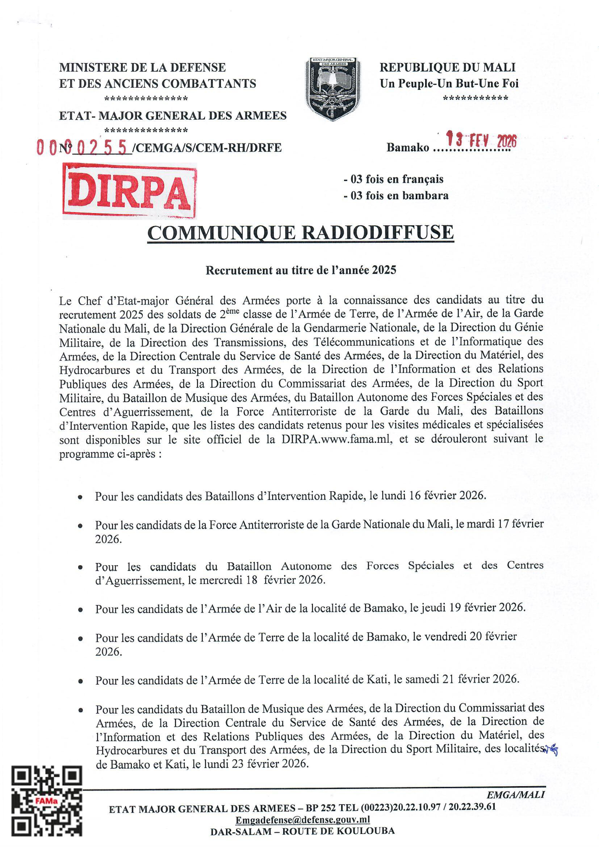  COMMUNIQUE POUR LES VISITES MEDICALES ET SPECIALEES.