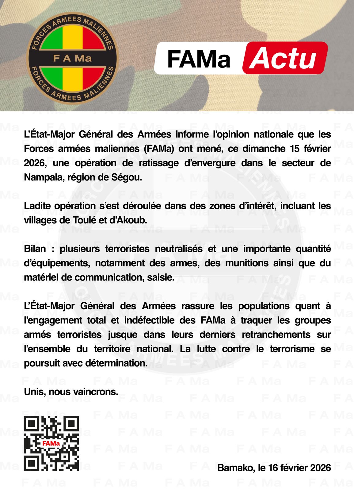  L'Etat-Major Général des Armées Informe l'opinion Nationale que les FAMa ont mené une opération de ratissage d'envergure dans le secteur de Nampala région de Ségou