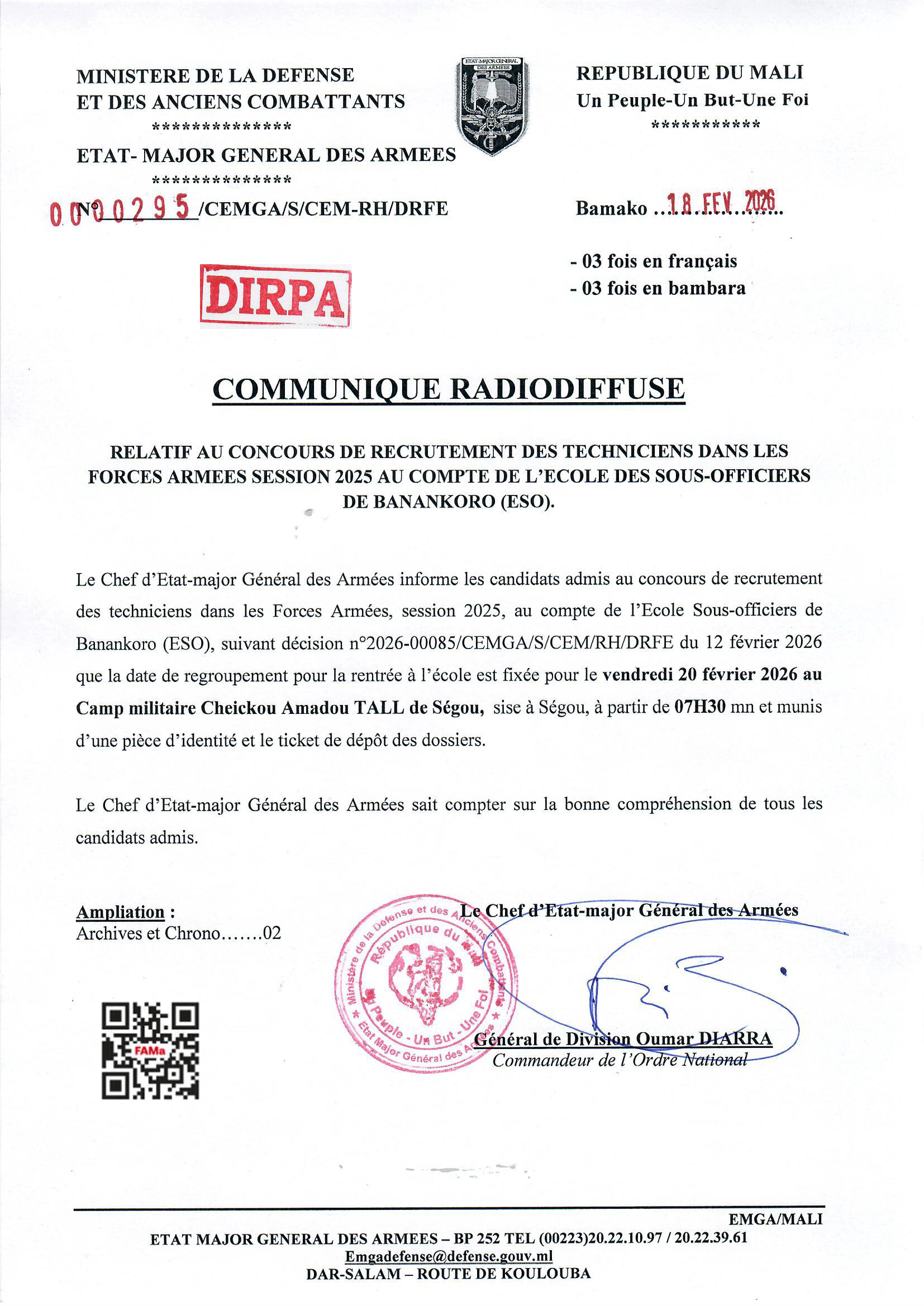  L'Etat-Major Général des Armées Informe les candidats admis au concours de recrutement des techniciens dans les Forces Armées, session 2025 (ESO)