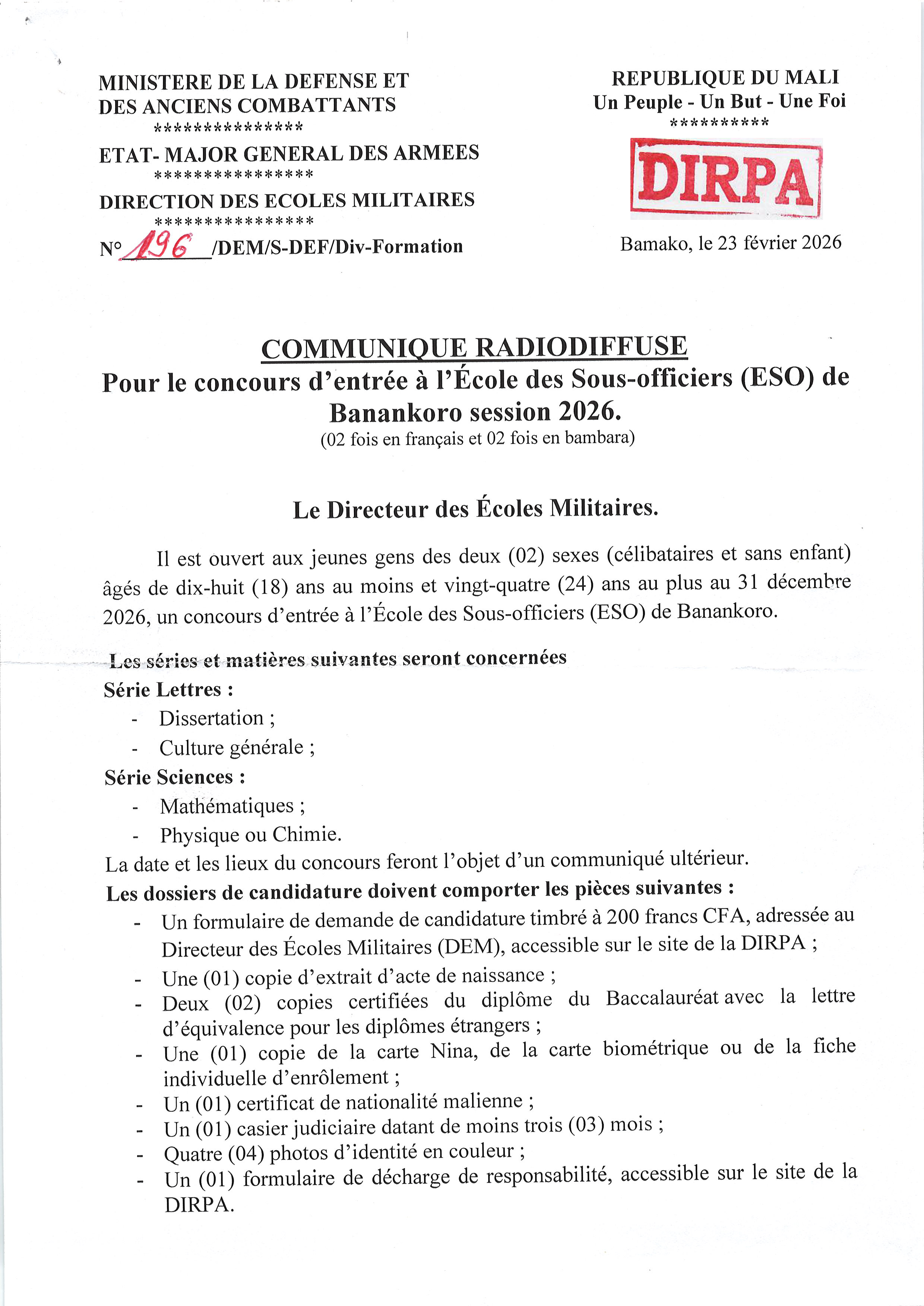  Communiqué pour le Concours d'Entrée à l'Ecole des Sous-officiers de Banankoro session 2026.