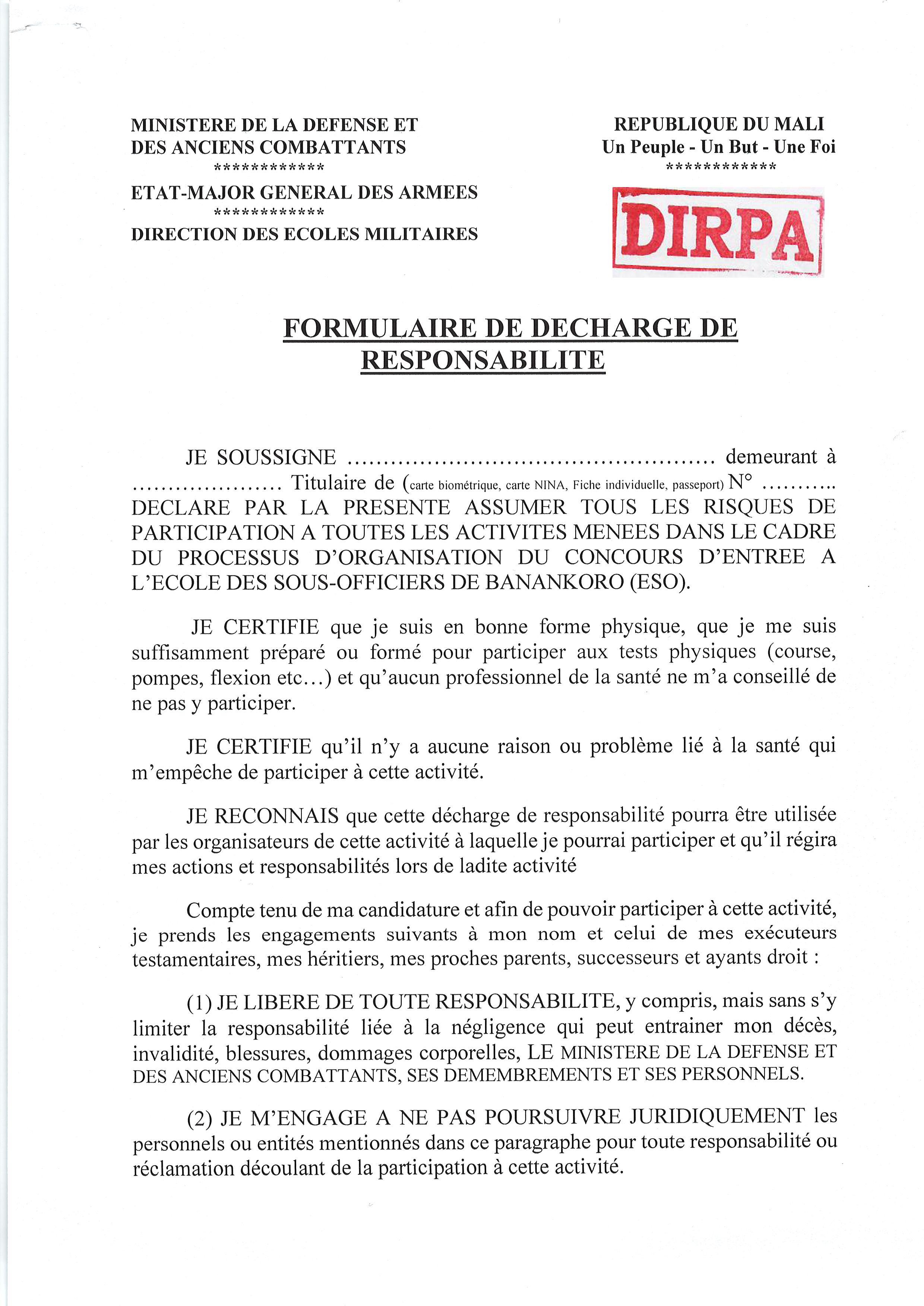 FORMULAIRE DE DECHARGE DE RESPONSABILITE