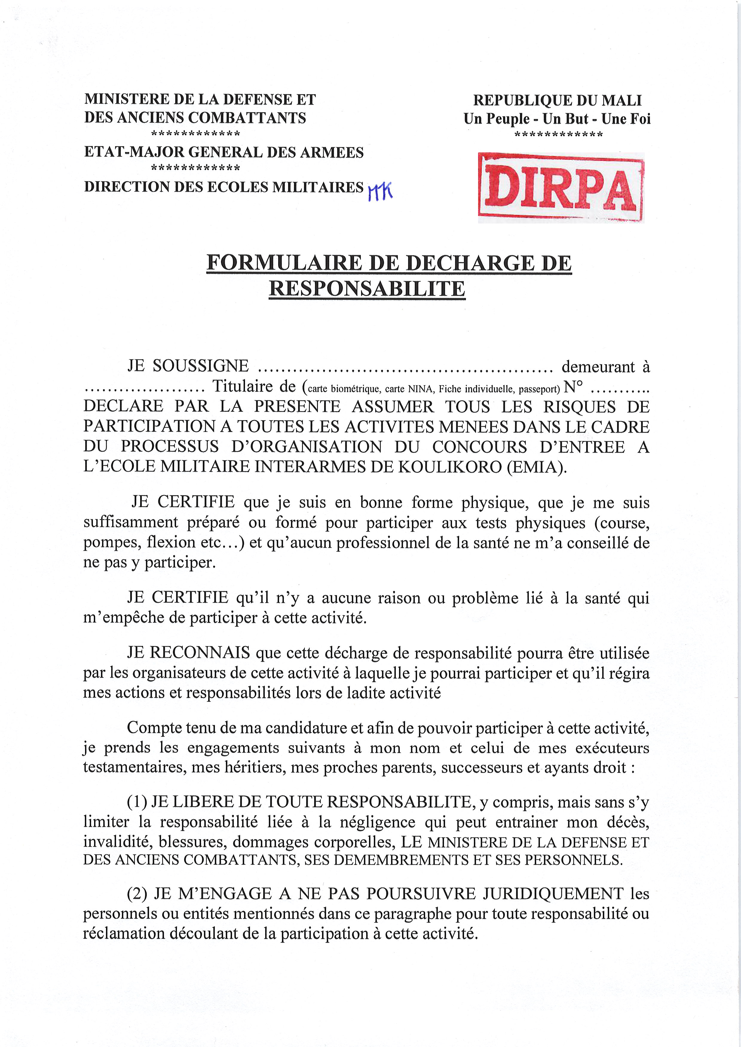  FORMULAIRE DE DECHARGE DE RESPONSABILITE EMIA 2026.
