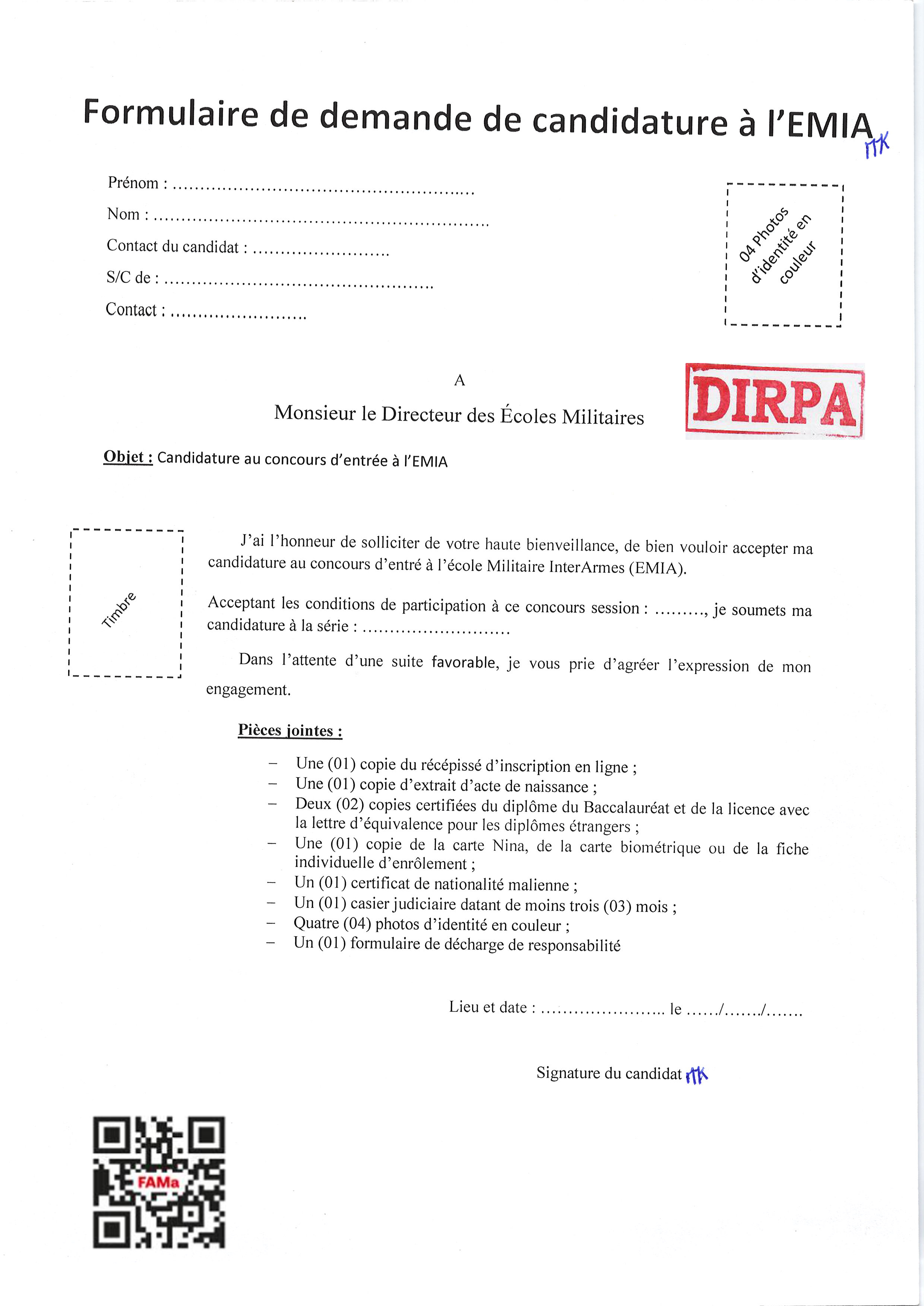  Formulaire de demande de candidature à l'EMIA session 2026.