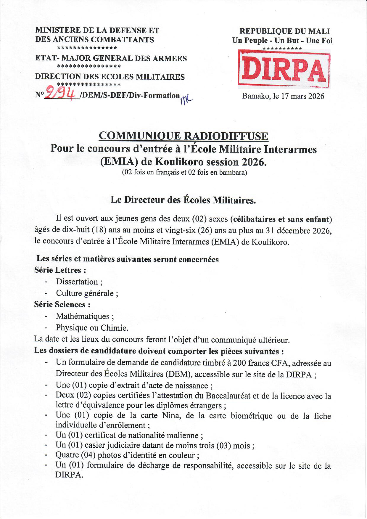  Concours d'entrée à l'Ecole Militaire Interarmes (EMIA) de Koulikoro session 2026.
