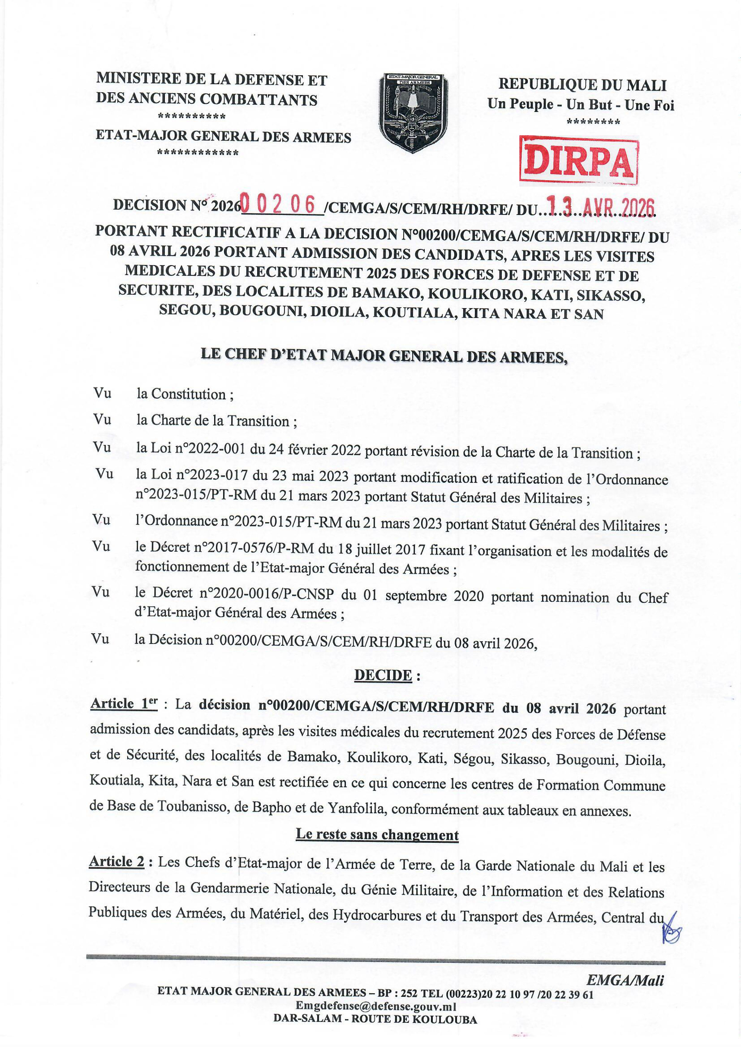  Rectificatif du résultat des candidats, après les visites médicales du recrutement 2025 de forces de défense et sécurité, des localités de Bamako, Koulikoro, Kati, Sikasso, Ségou, Bougouni, D