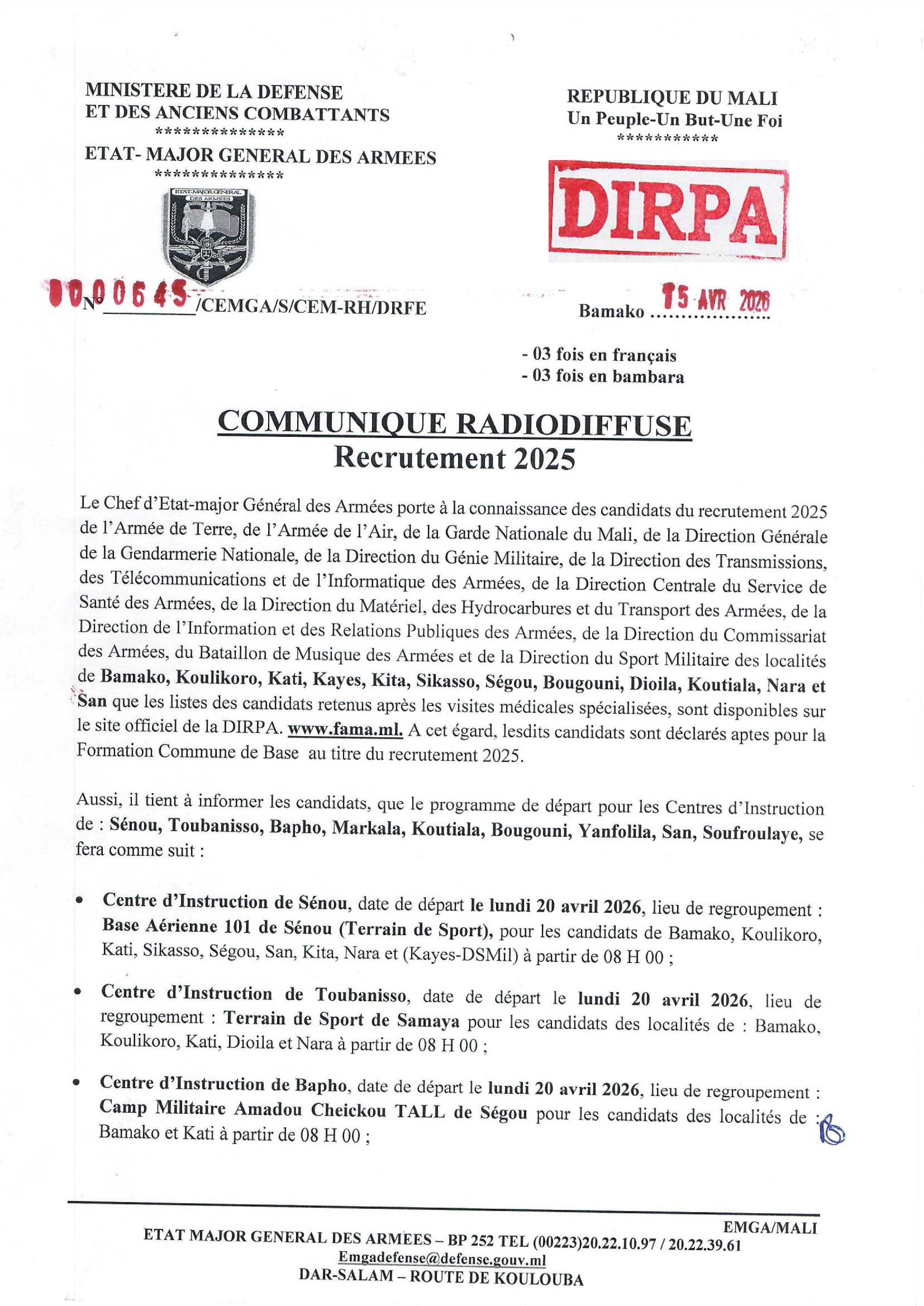  Programme de départ pour les Centres d'Instruction au titre du recrutement 2025.
